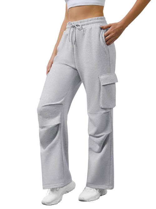 DLOODA Wide Leg Cargo Sweatpants Women Drawstring High Waisted Baggy Sweat Pants Stretchy Cotton Pants with Pockets (Light Grey M)