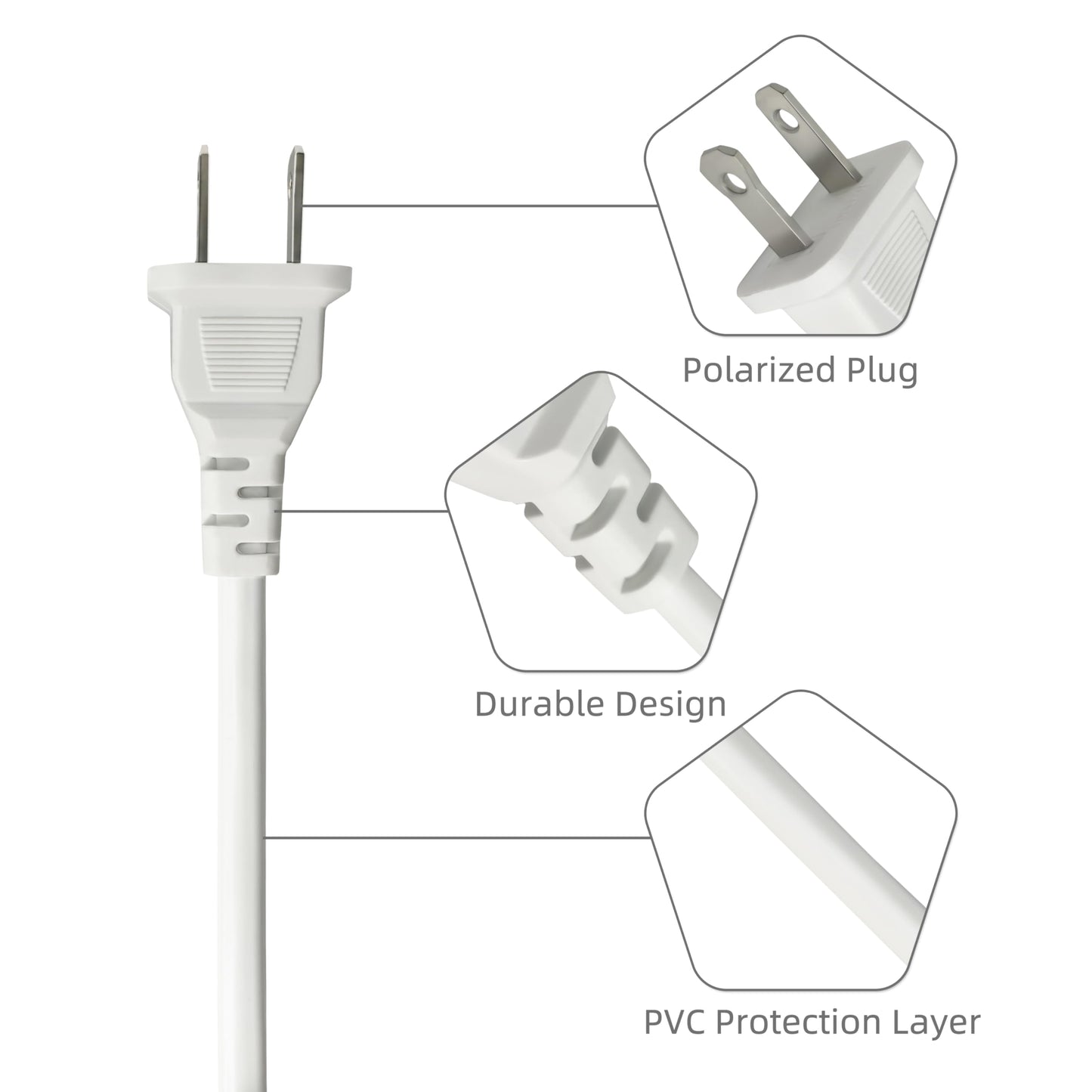 2 Prong Polarized White Extension Cord 15 feet Thin Power Cable Male to Female, 125V 5A 625W for Indoor/Home Use, Slim Design for Christmas Lights, Halloween Decor, Lamps & Small Appliances (1Pack)