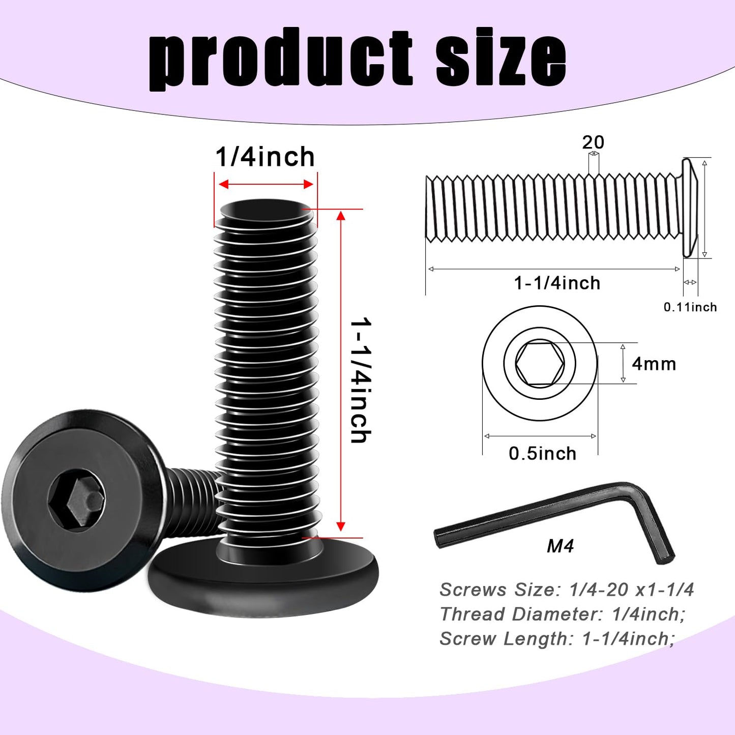 Taiss 25pcs 1/4-20 x 1-1/4" Flat Head Socket Head Screw,Furniture Bolts,Furniture Screws 304 Stainless Steel,1/4 Bolts Black Zinc Plated Fully Threaded,Countersunk Connector Screws with Hex Spanner