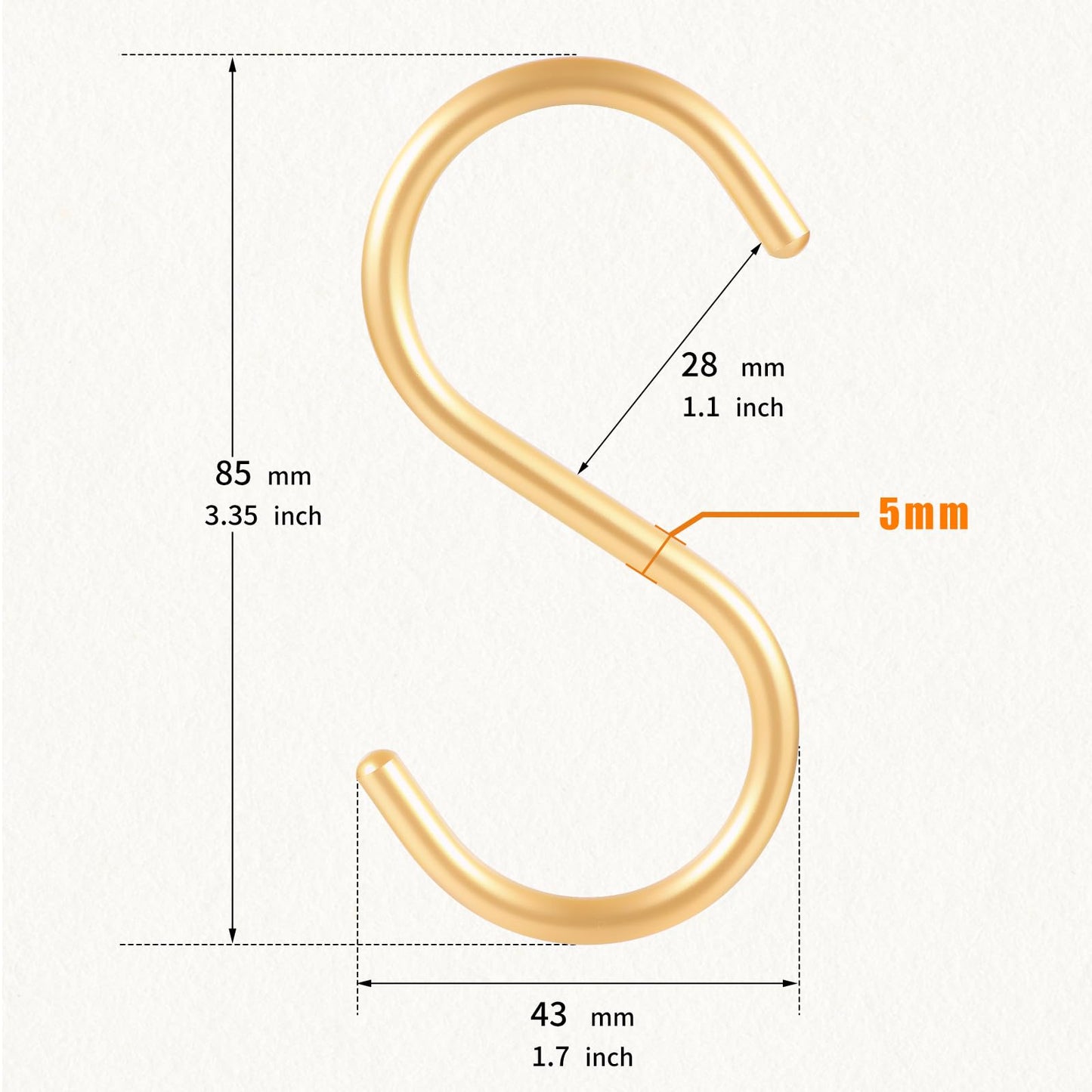 SIAMESE Aluminum S Hooks, 10 Pcs Medium Gold S Shaped Hooks for Hanging Plant, Jeans, Cups in Closet, Kitchen, Living Room, Bathroom or Outdoors (Medium, Gold)