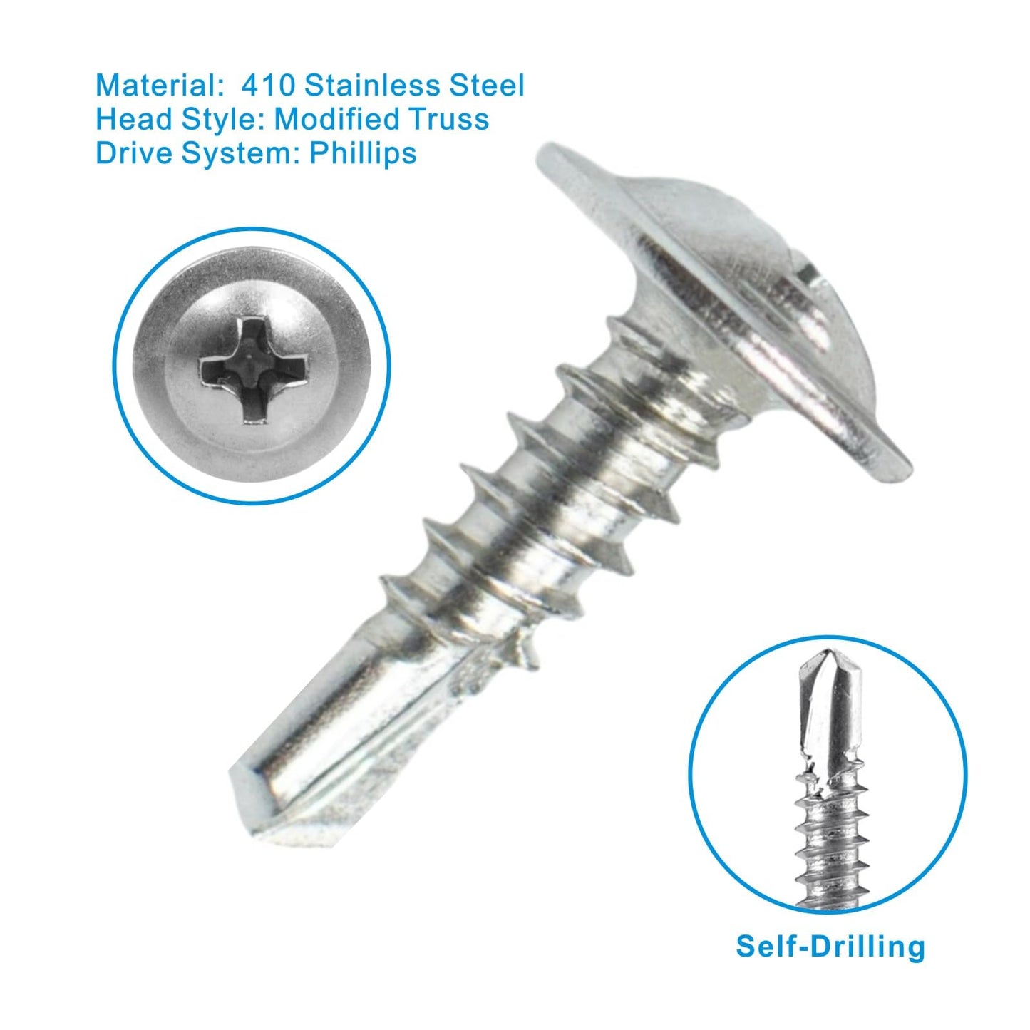 #8 x 1/2" Sheet Metal Screws,410 Stainless Steel Modified Truss Head Fast Self Tapping Screws, Phillips Drive Self Drilling Screws for Metal Plastic & Wood (250 Pack)