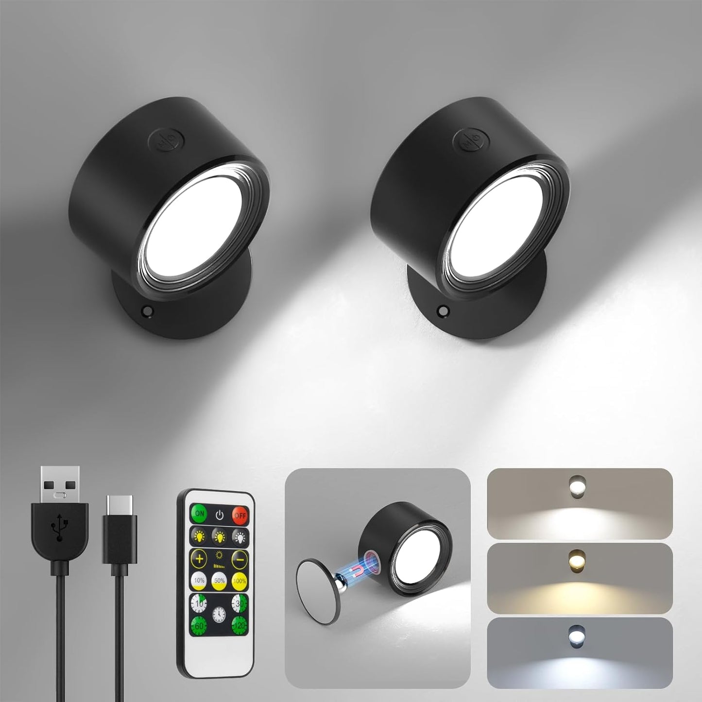 Rechargeable LED Wall Mounted Lights - 3 Pack with Remote, Dimmable & 360° Rotation for Bedroom