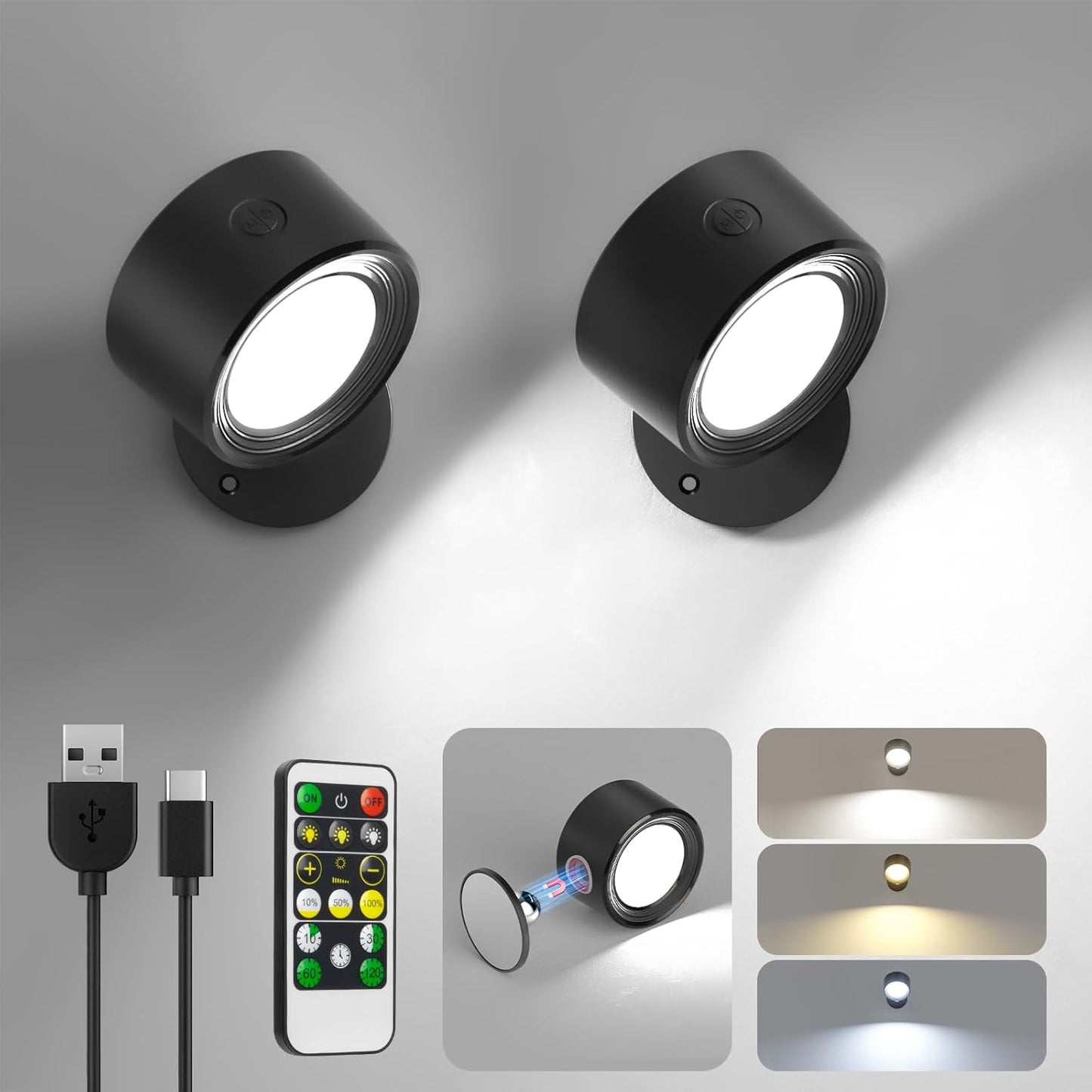 Rechargeable LED Wall Mounted Lights - 3 Pack with Remote, Dimmable & 360° Rotation for Bedroom