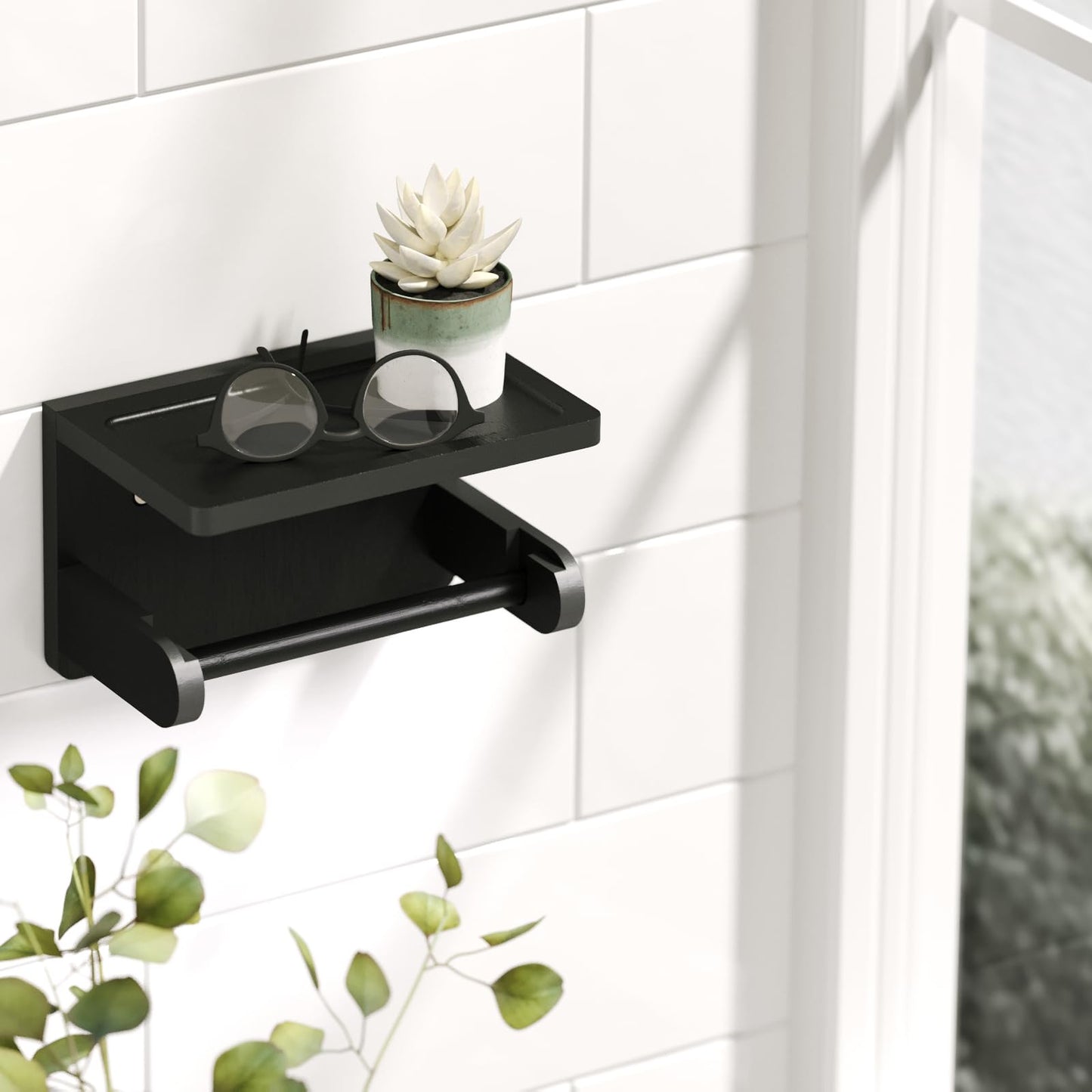 VERTORGAN Toilet Paper Holder with Phone Shelf,Bamboo Wall Mounted Tissue Roll Holder for Bathroom(Black)