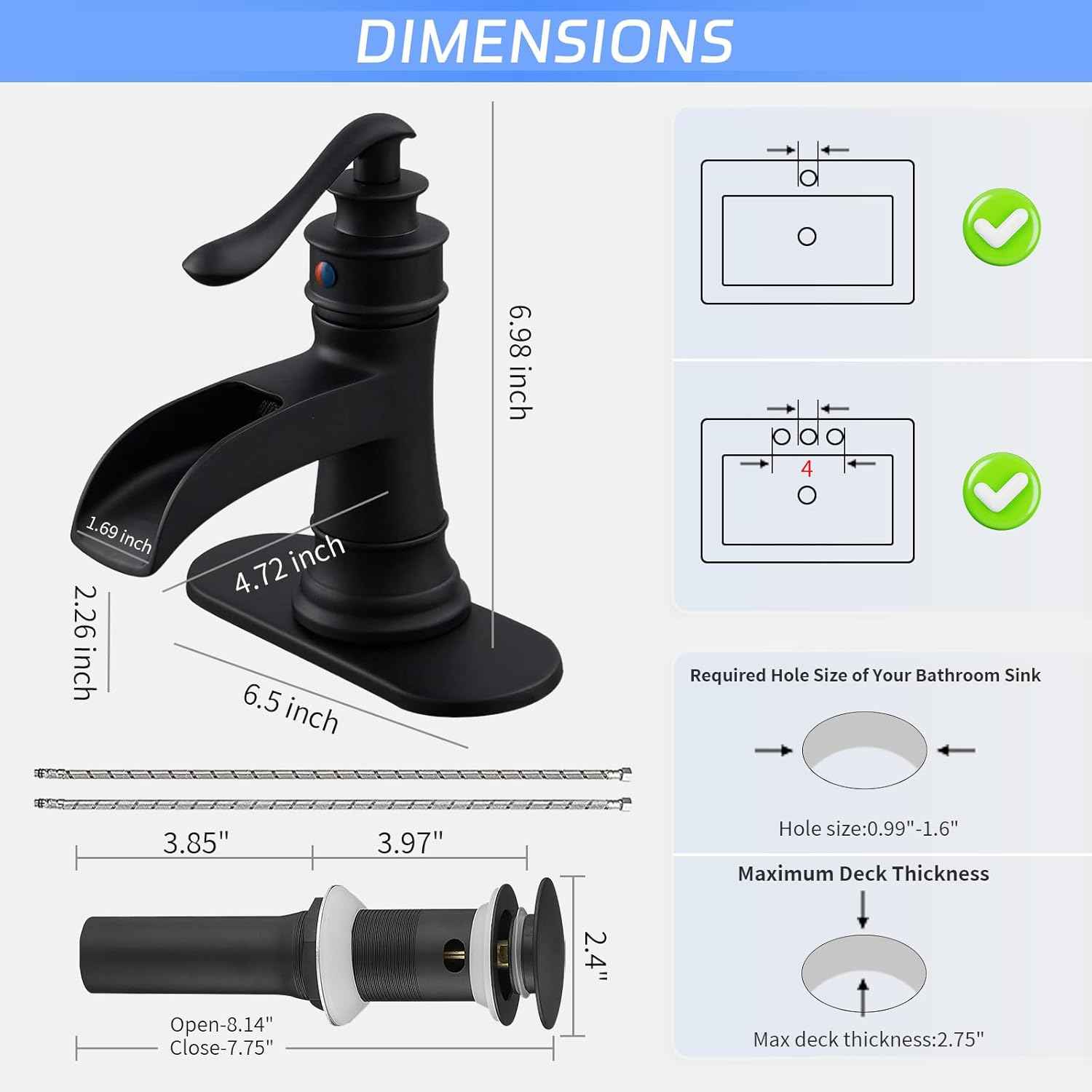 Matte Black Waterfall Bathroom Faucet - Single Handle Lavatory Sink Mixer with Brass Drain