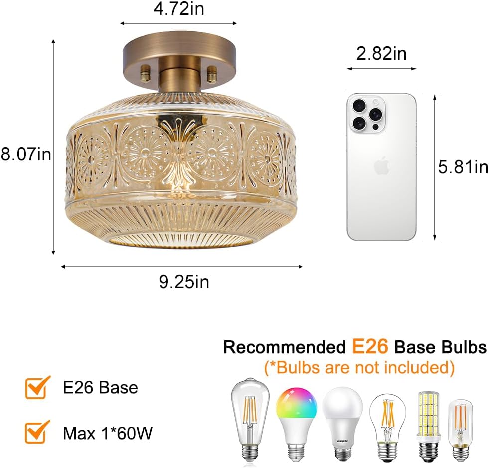 Vintage Semi Flush Mount Ceiling Light Fixture - Brass & Thickened Glass for Hallway, Entryway, Bedroom, Bathroom