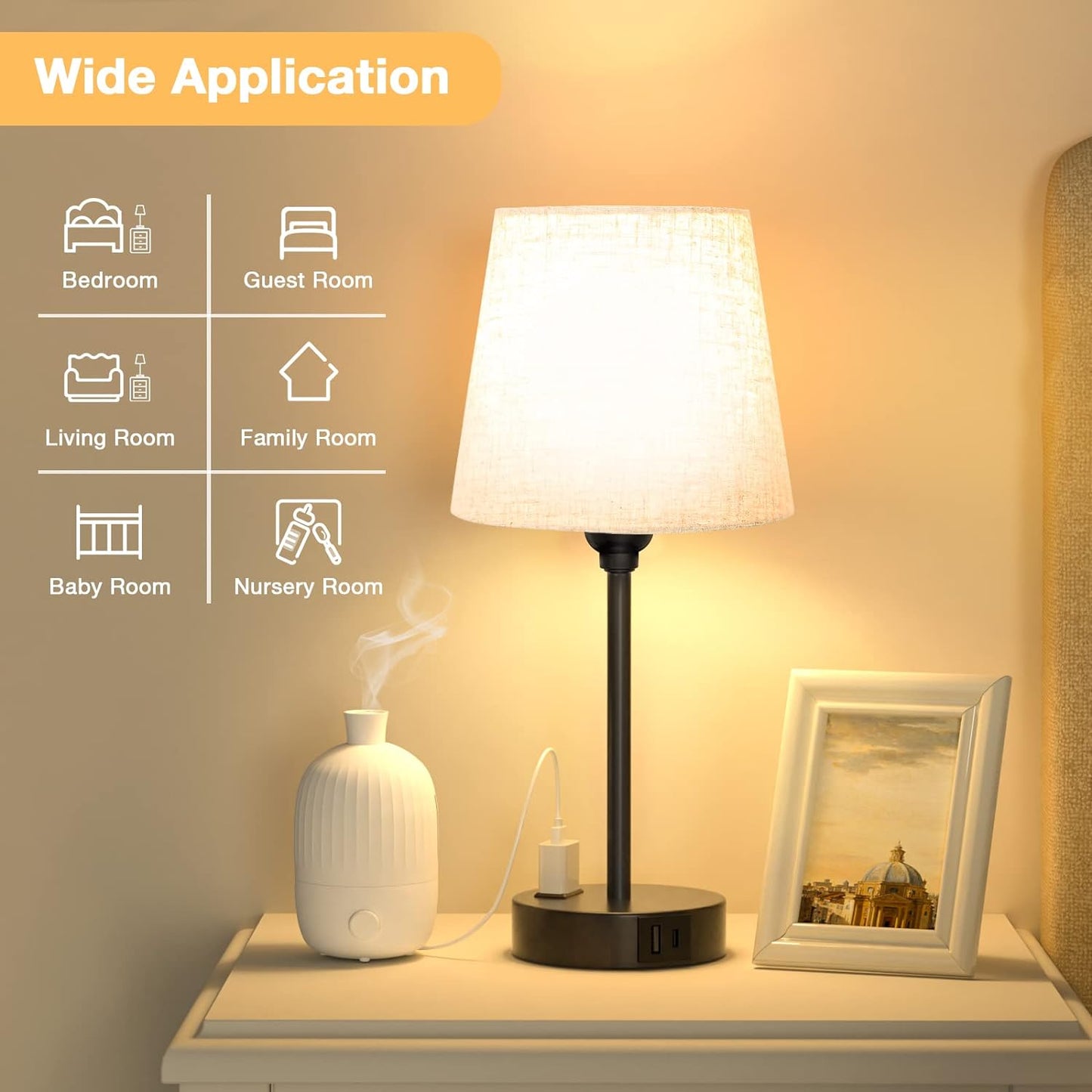 Set of 2 Mini Bedside Lamps with USB-C & AC Outlet - Dimmable Touch Nightstand Lights for Bedrooms