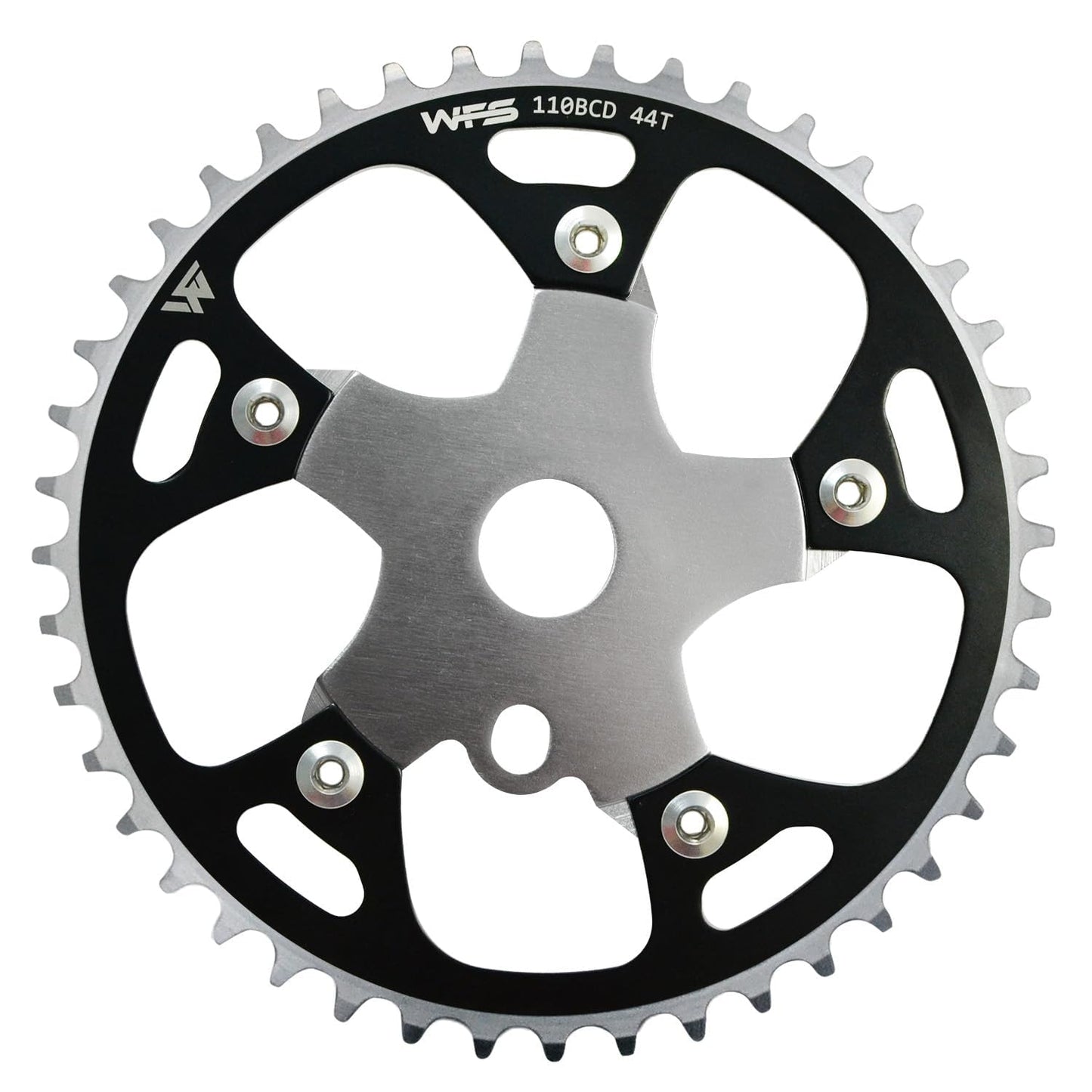 WFS Pulsar Chainring w/Spider Sprocket 44T 1/8" 110mm BCD 5 Arm Hole Old School BMX, Black, WFS3080-BO