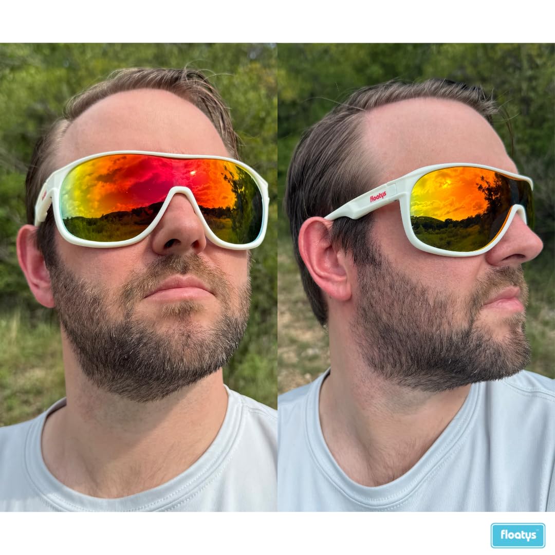 Floatys Floating Sunglasses Rubberized Rapids | Polarized Water Repelling Lenses | Sport shield wrap around | Men and Women (White Frame/Red Mirror Lens)