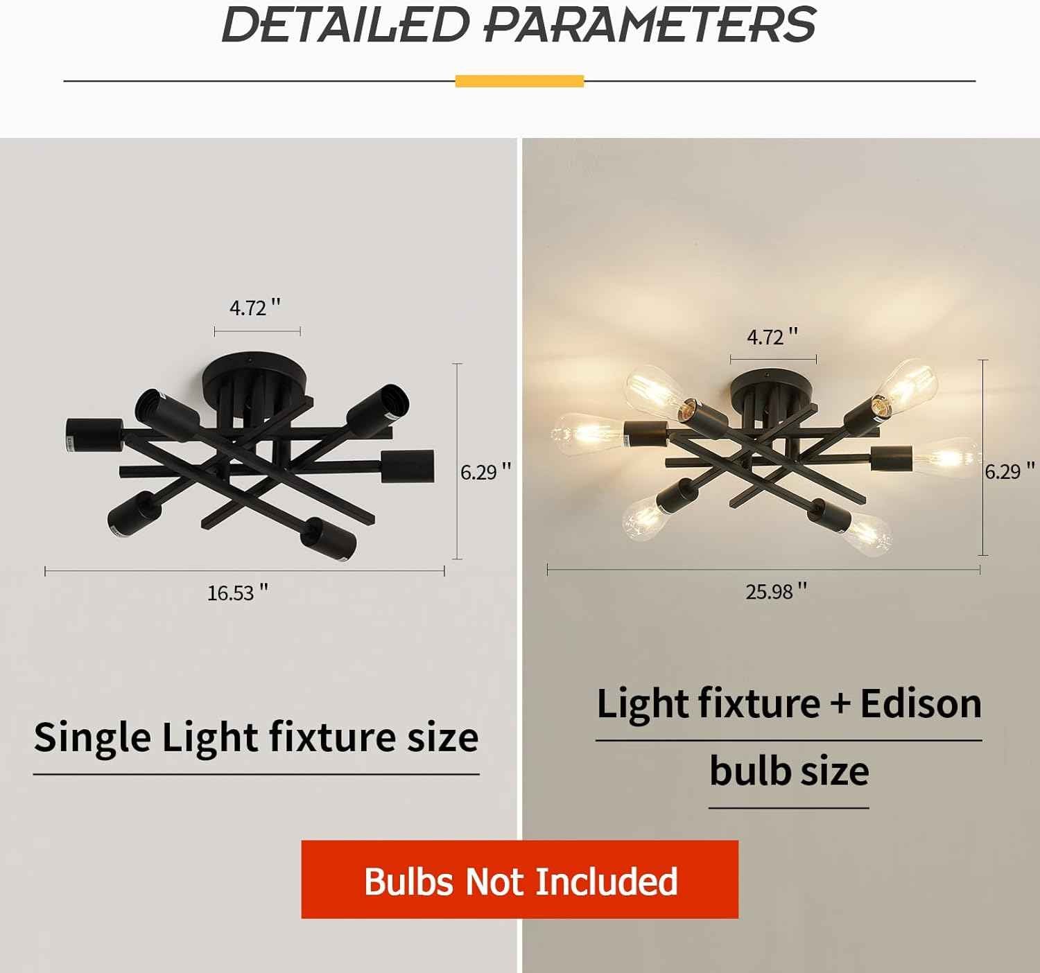 Gold Modern 6-Light Semi Flush Mount Ceiling Light Fixture - Vintage Sputnik Chandelier for Kitchen, Dining & Living Room