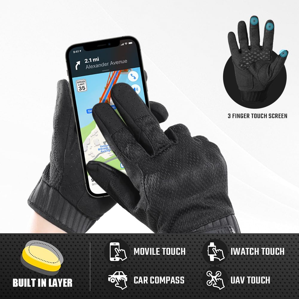 AXBXCX Summer Touchscreen Gloves for Men, Breathable Full Finger Gloves Black Medium