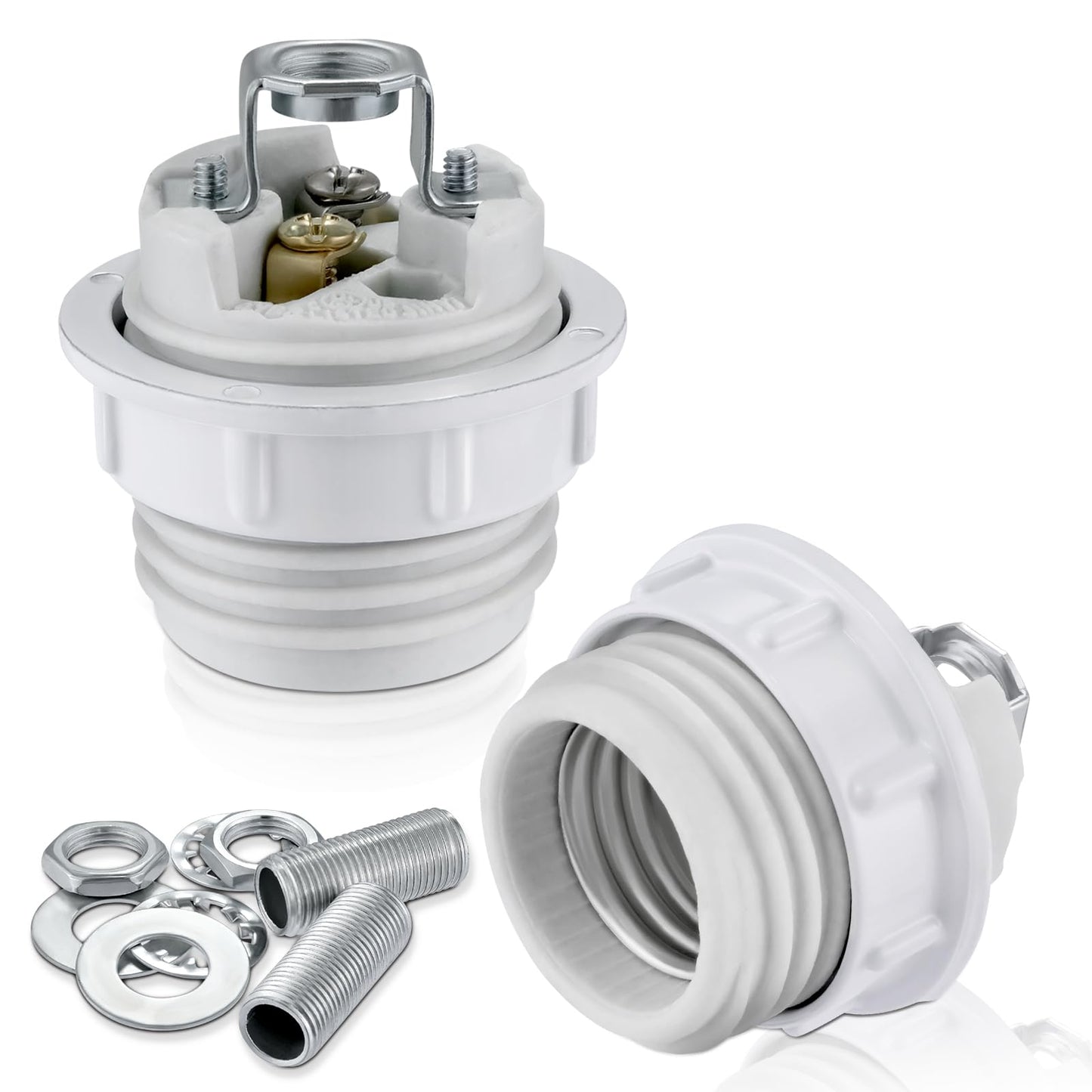 Lamp Socket with Metal Shade Ring, UL Listed Medium Base E26 Light Bulb Socket, Standard Screw-in Bulb Lamp Holder for Halogen LED Bulb (2)