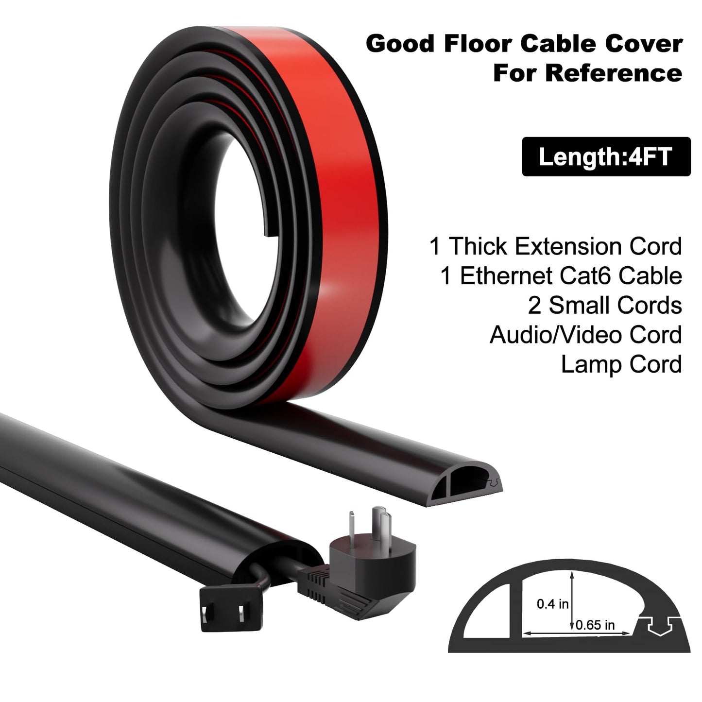 Kneelisa 4FT Side-Open Extension Cord Covers for Wires on Floor,Silicone Power Cable Protector Cord Hider Management Strip,Hide Electric Wire on Carpet,Chord Runner Protective Safety Wiremold,Black