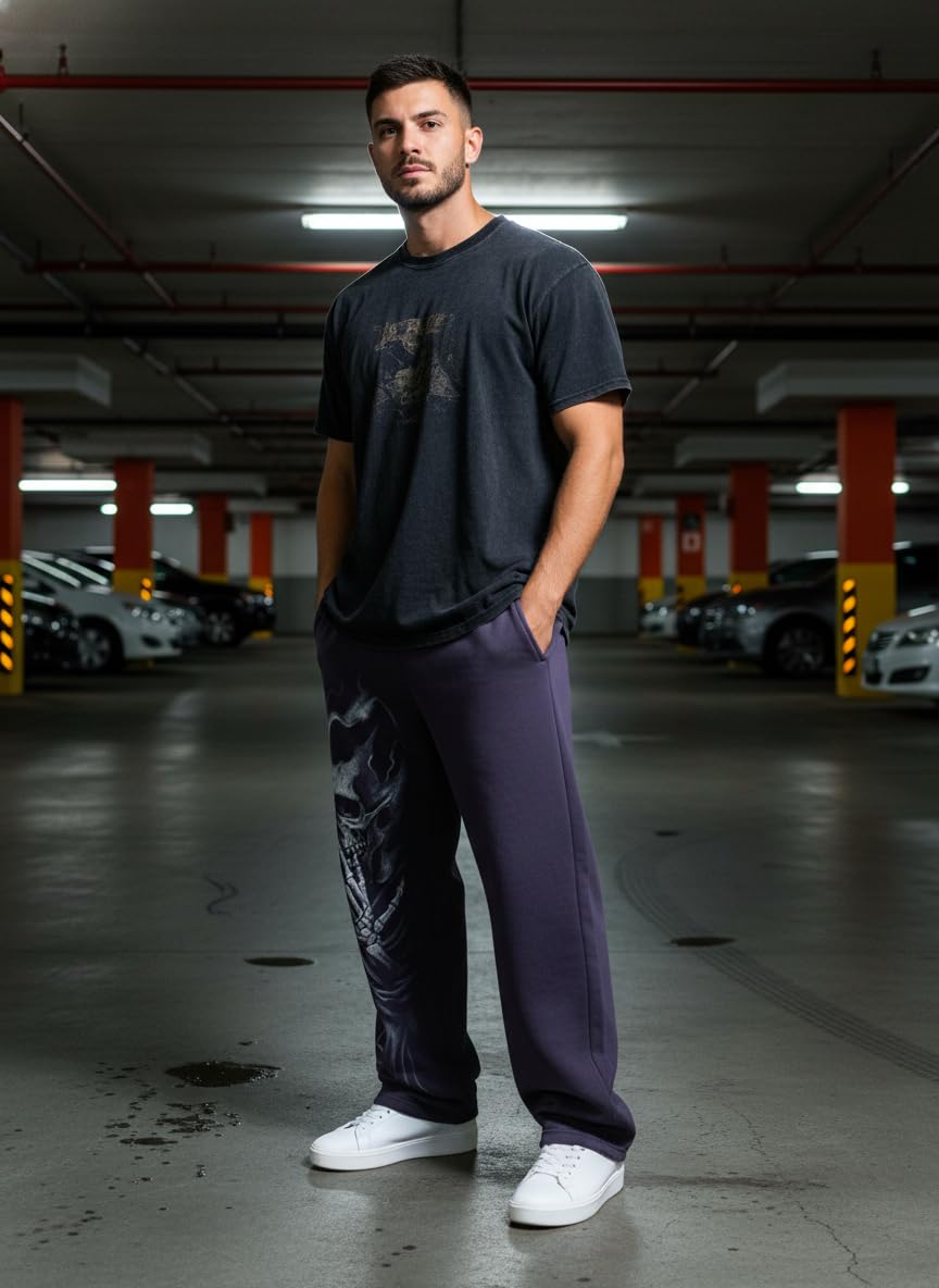 Piuntersite Men's Skull Print Sweatpants Relaxed Fit Punk Gothic Joggers Streetwear Hip Hop Lounge Track Pants with Pockets Black L
