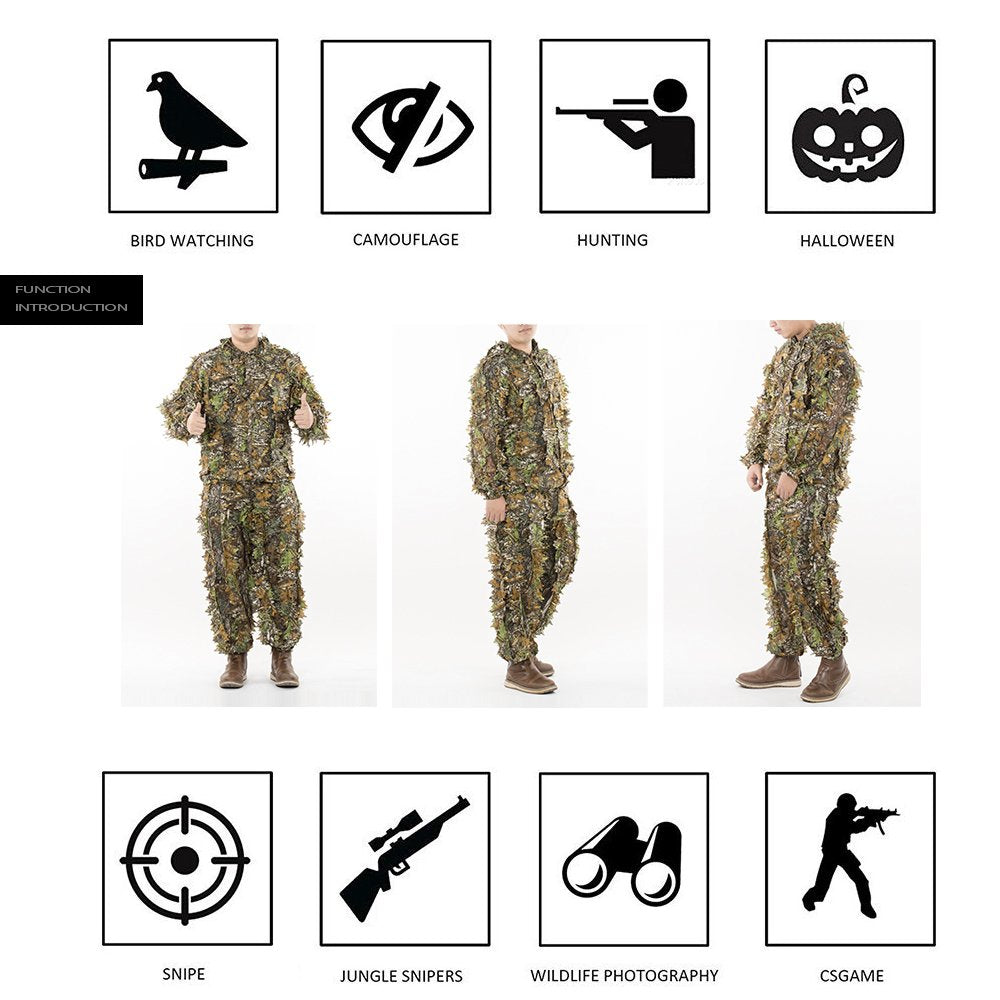 EAmber Ghillie Suit Youth 3D Leaf Camo Camouflage Lightweight Clothing Suits for Jungle Hunting, CS Game, Airsoft, Wildlife Photography or Halloween