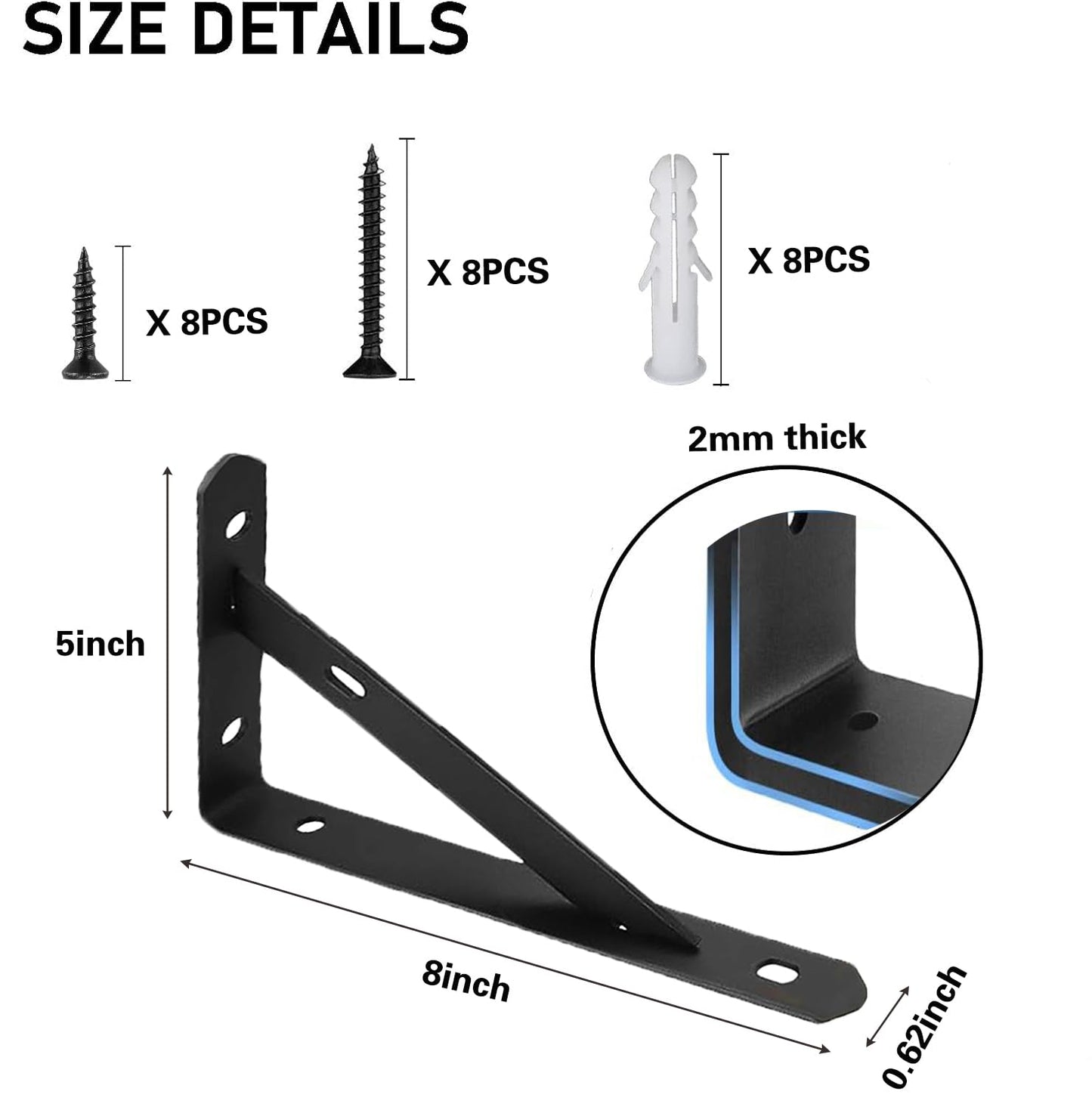 4 Pack Heavy Duty Shelf Brackets,5 in X 8 in Metal L Wall Mount Brackets for Floating Shelf,90 Degree Triangle Iron Supports for Shelves,Black