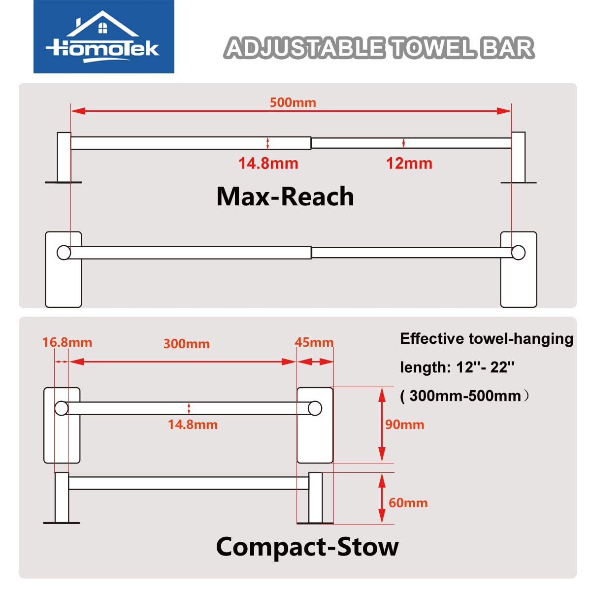 Adhesive Adjustable Towel Bar, HOMOTEK Economical Self Stick Bathroom Towel Holders, Towel Rod Size from 12 Inch to 22 Inch Single Rack Hanger for Kitchen(1 Pack Brushed Stainless Steel)