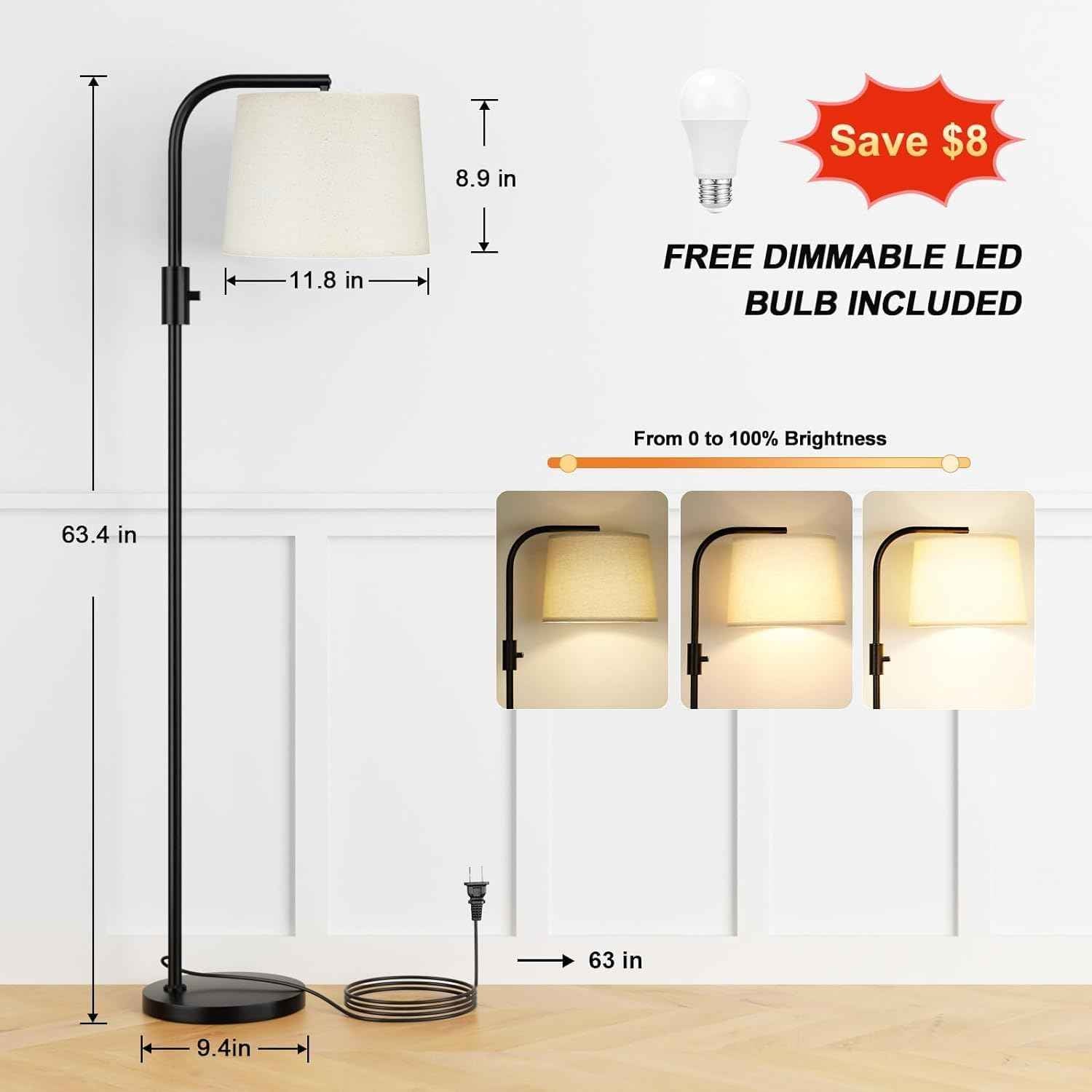 Modern Dimmable Floor Lamp with 9W LED Bulbs - Stylish Standing Light for Living Room & Bedroom (Gold & White)