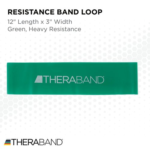 THERABAND Resistance Band Loops, 12" Green, Heavy Resistance, Latex Color-Coded 3" Wide Exercise Band Loop for Home Workouts, Pilates, Strength Training, Physical Therapy, for Women and Men