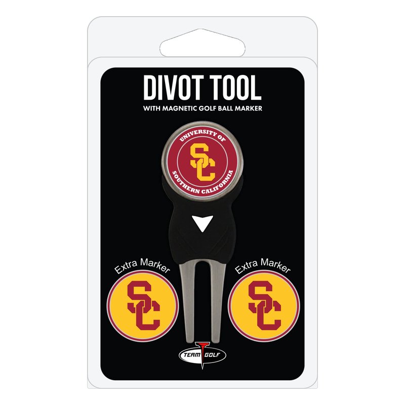 Team Golf NCAA USC Trojans Divot Tool Pack With 3 Golf Ball Markers Divot Tool with 3 Golf Ball Markers Pack, Markers are Removable Magnetic Double-Sided Enamel