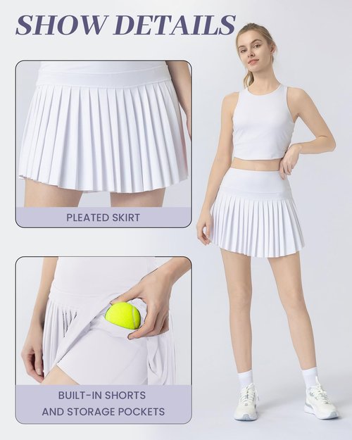 Women's Pleated Skort - High-Waisted, Built-in Dual-Pocket Shorts, UV Protection for Tennis & Daily Wear Bright White