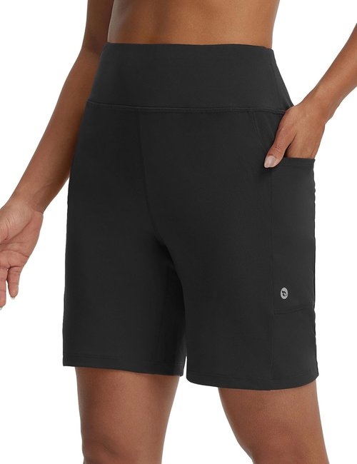 baleaf Women's Bermuda Shorts Athletic Running Shorts Quick Dry High Waisted Workout Gym Shorts with Zipper Pockets Walking Casual Black L