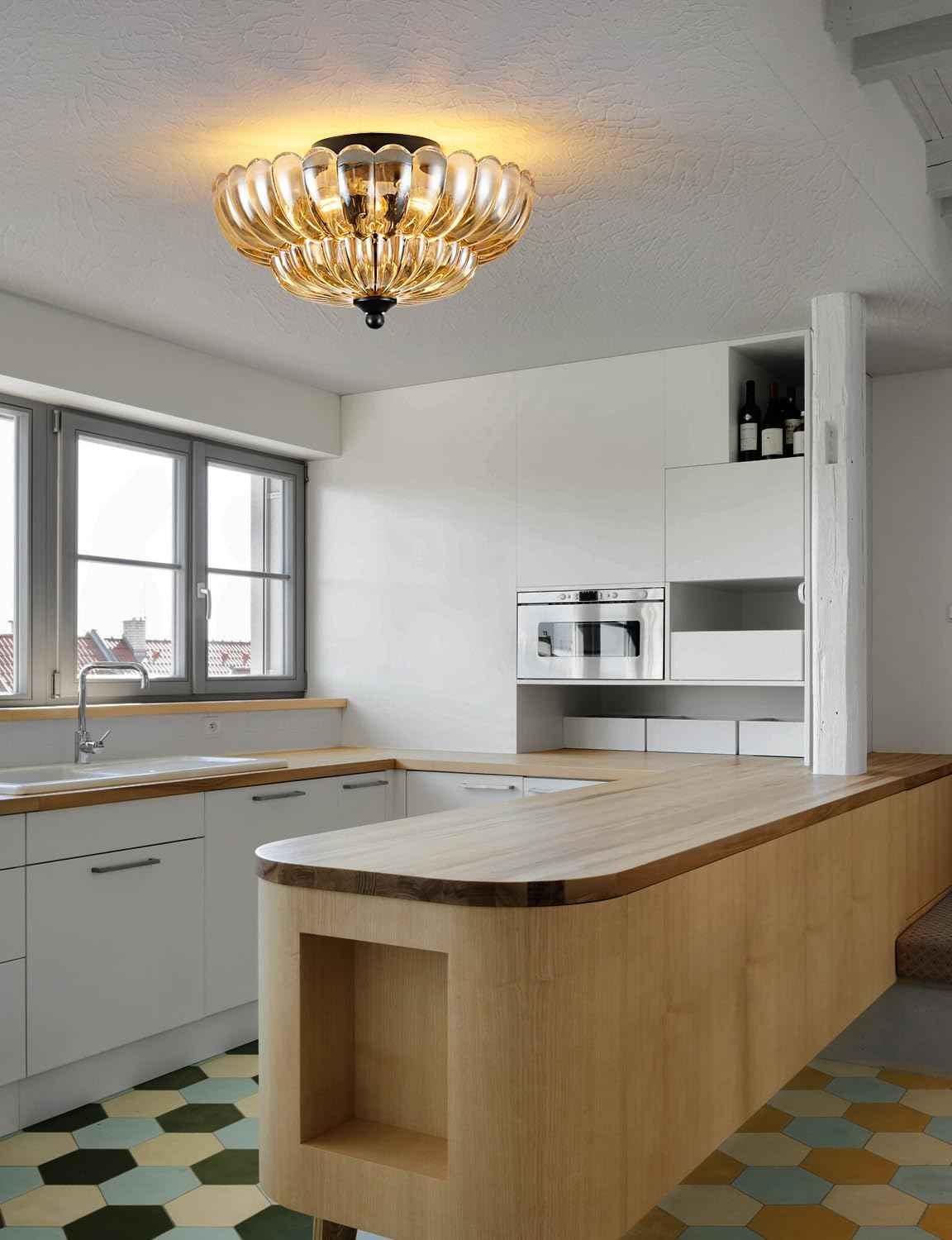 Modern 3-Bulb Semi Flush Mount Ceiling Light Fixture - Vintage Amber Glass for Bedroom, Kitchen, Living Room
