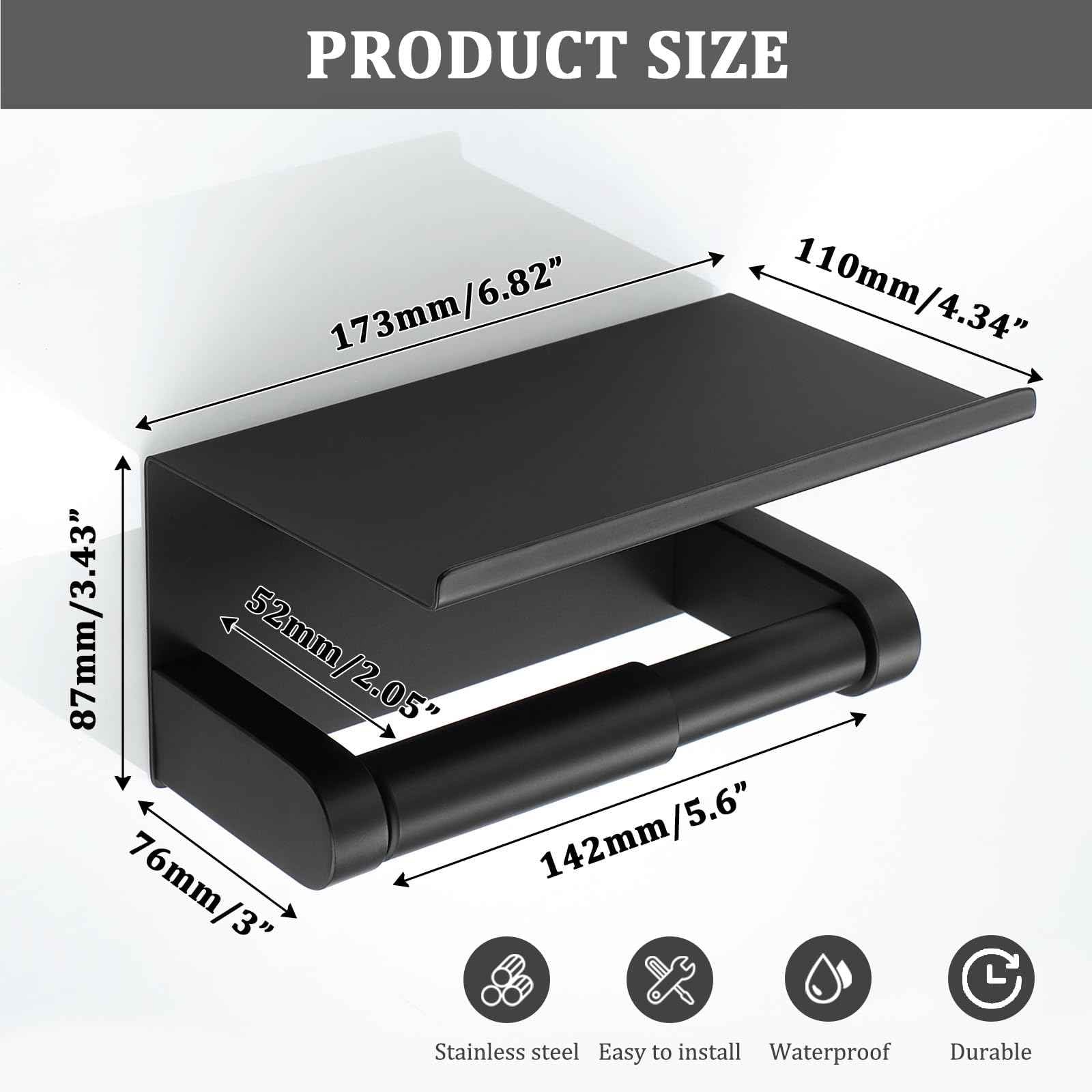 Alise Black Toilet Paper Holder,Bathroom Adhesive Toilet Paper Holder SUS304 Stainless Steel Toilet Paper Roll Holder with Shelf Spring Loaded Tissue Holder Wall Mount(Adhesive or Screw)