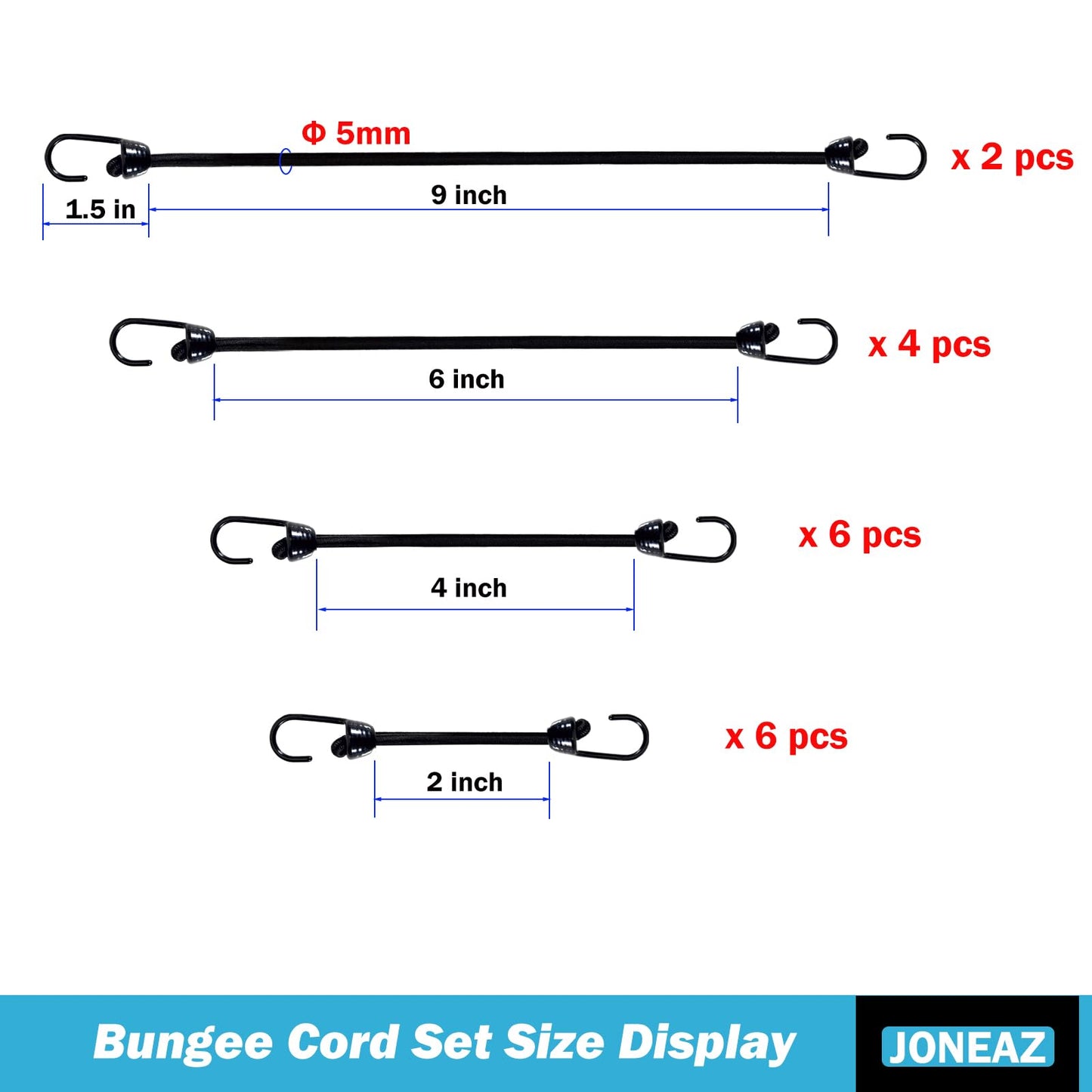 Joneaz Mini Bungee Cords with Hooks 2 inch 4 inch 6 inch 9 inch, Assorted 18-Piece Set Package of Small Bungee Cords