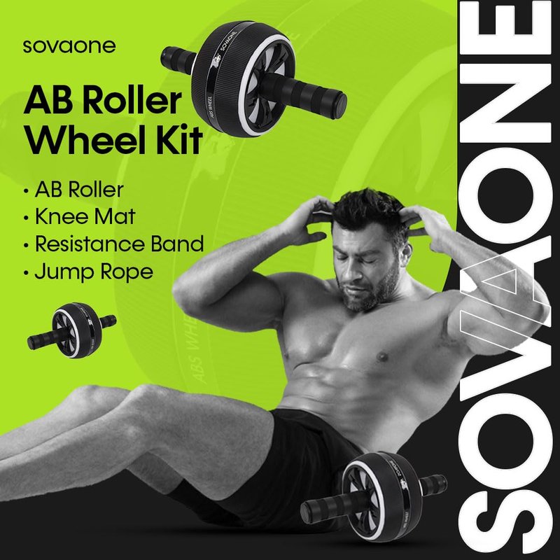 SovaOne Ab Roller Wheel – 4-in-1 Ab Roller Kit with Knee Mat, Jump Rope & Resistance Band – Core & Abs Workout Equipment for Home Gym – Abdominal Exercise Wheel for Men & Women