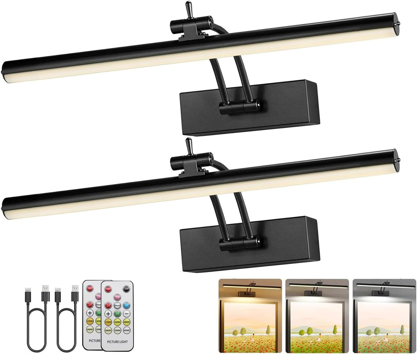 Wireless Battery Operated Picture Lights - 2 Pack, 16 Inch Dimmable Art Lighting with Remote, 6 Color Options - Perfect for Paintings and Gallery Displays