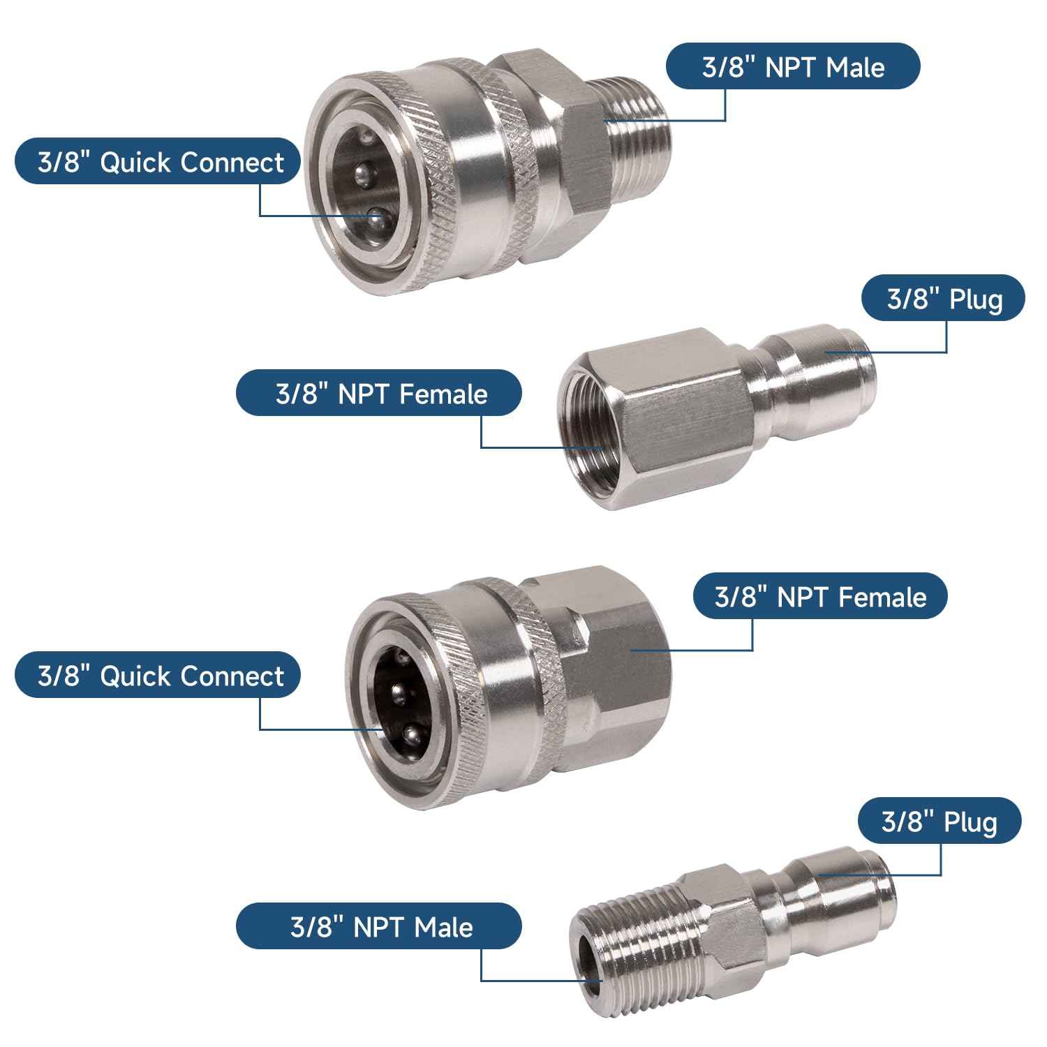 3/8 Inch 3/8'' Pressure Washer Quick Connect Fittings Stainless Steel Adapter Set for NPT Male and Female Thread Kit