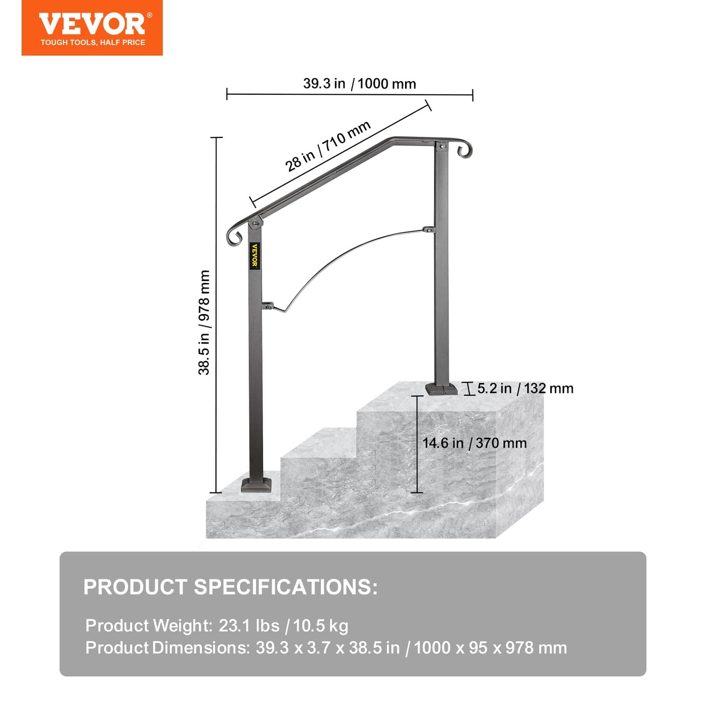 VEVOR Handrail for Outdoor Steps, 2-3 Steps Arch#2 Outdoor Handrail, Adjustable Wrought Iron Staircase Handrail, Thickened Stair Railings for Porch Railing, Deck Handrail