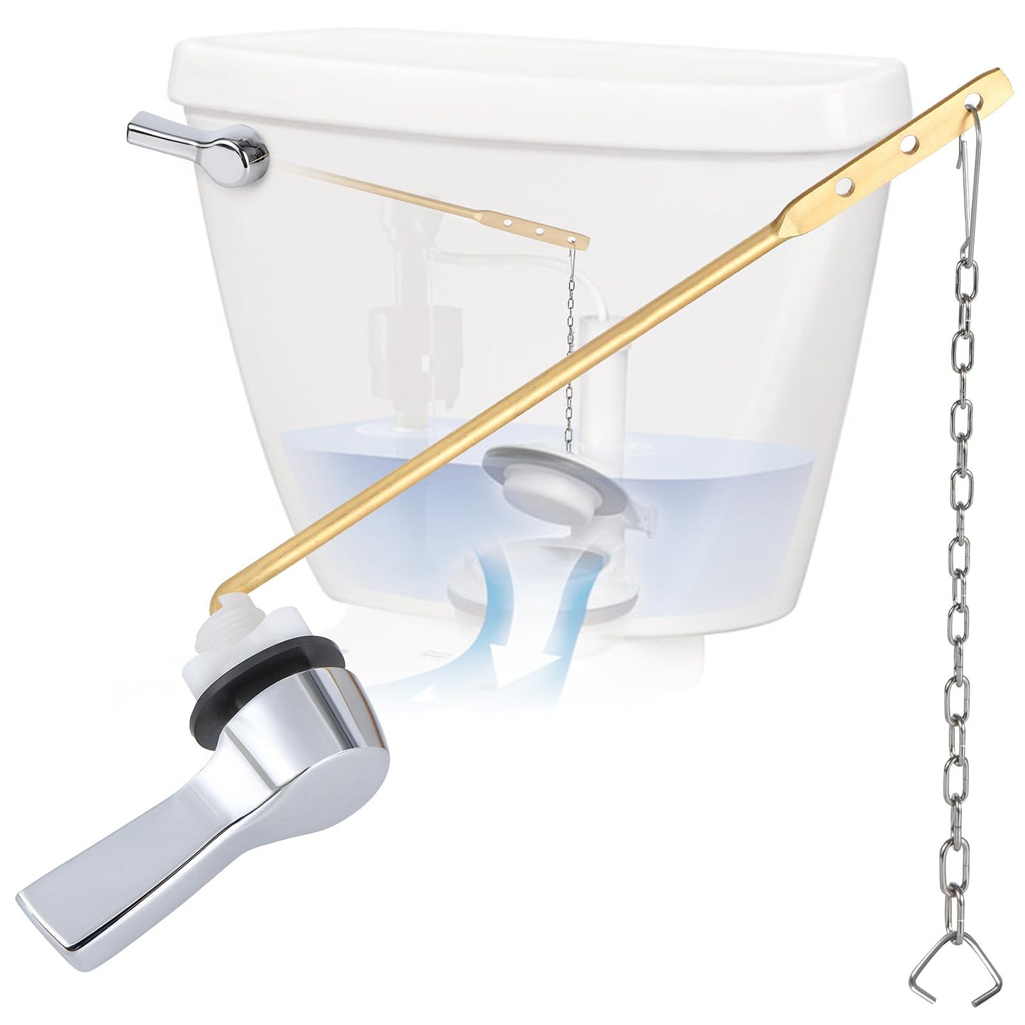 Universal Front Mount Toilet Handle Replacement Kit - Zinc Alloy Handle, Solid Brass Rod with Stainless Steel Chain