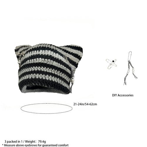 Hshsclth Cat Ear Crochet Beanie Hat Y2K Style with DIY Accessories Goth Knit Hat for Women Girls (US, Alpha, One Size, Black and Grey Stripe)