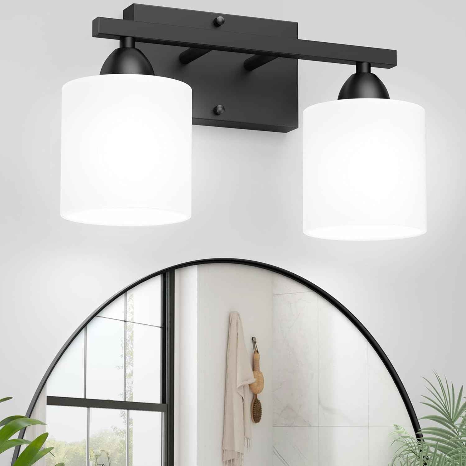 Modern 4-Light Bathroom Vanity Light Fixture - Anti-Rust Over Mirror Sconce with Milky White Glass Shades, E26 Base