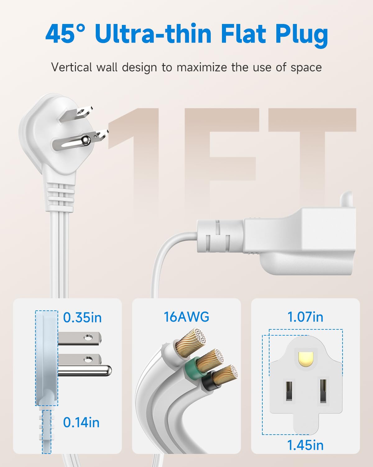 Flat Plug 1Ft Short Extension Cord, White 90-Degree Plug Low Profile Power Adapter, 3-Prong Indoor Grounded Small Extension Cord 16AWG 13A 1625W 2 Pack