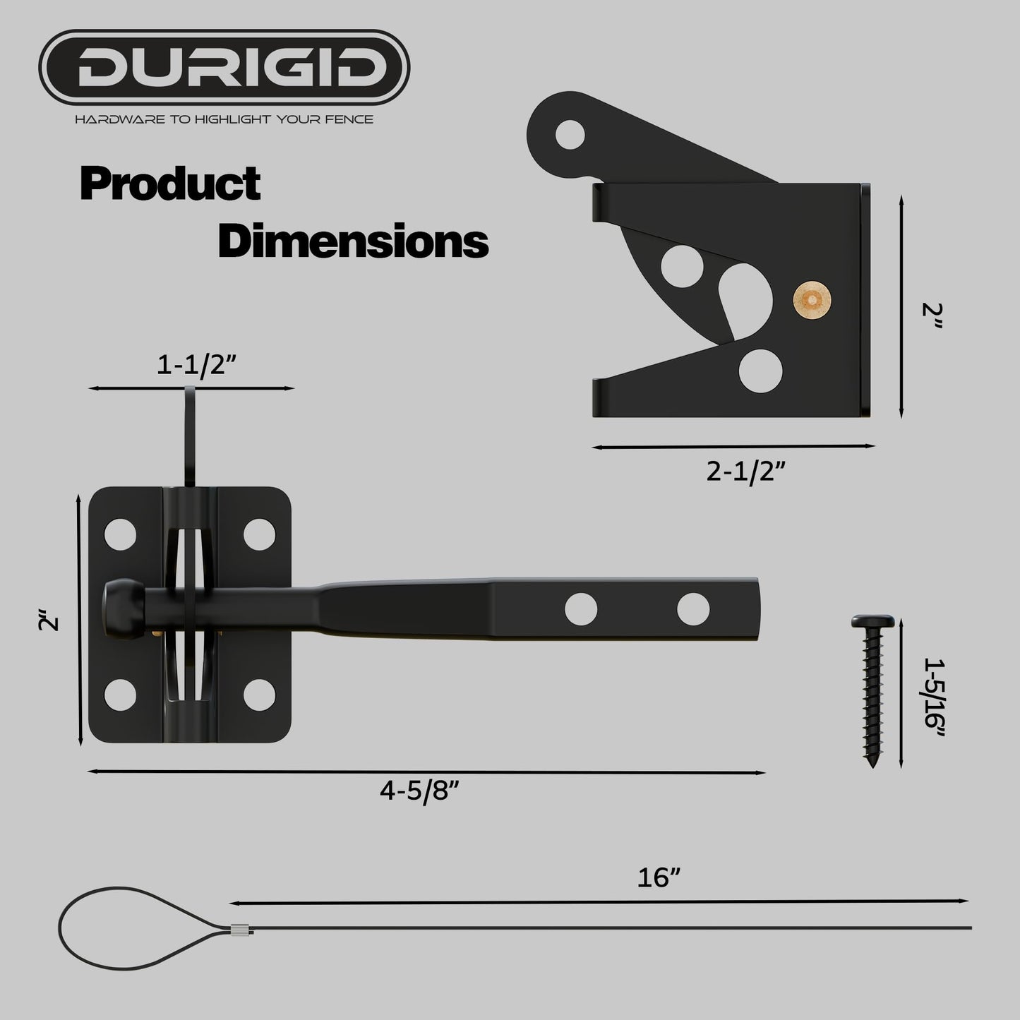 DURIGID Self Closing Fence Gate Latches with Spring Cable, Fingertip Release Gate Latch for Wooden Fence, Vinyl Door, Aluminum Gate, 1 Pack, Black