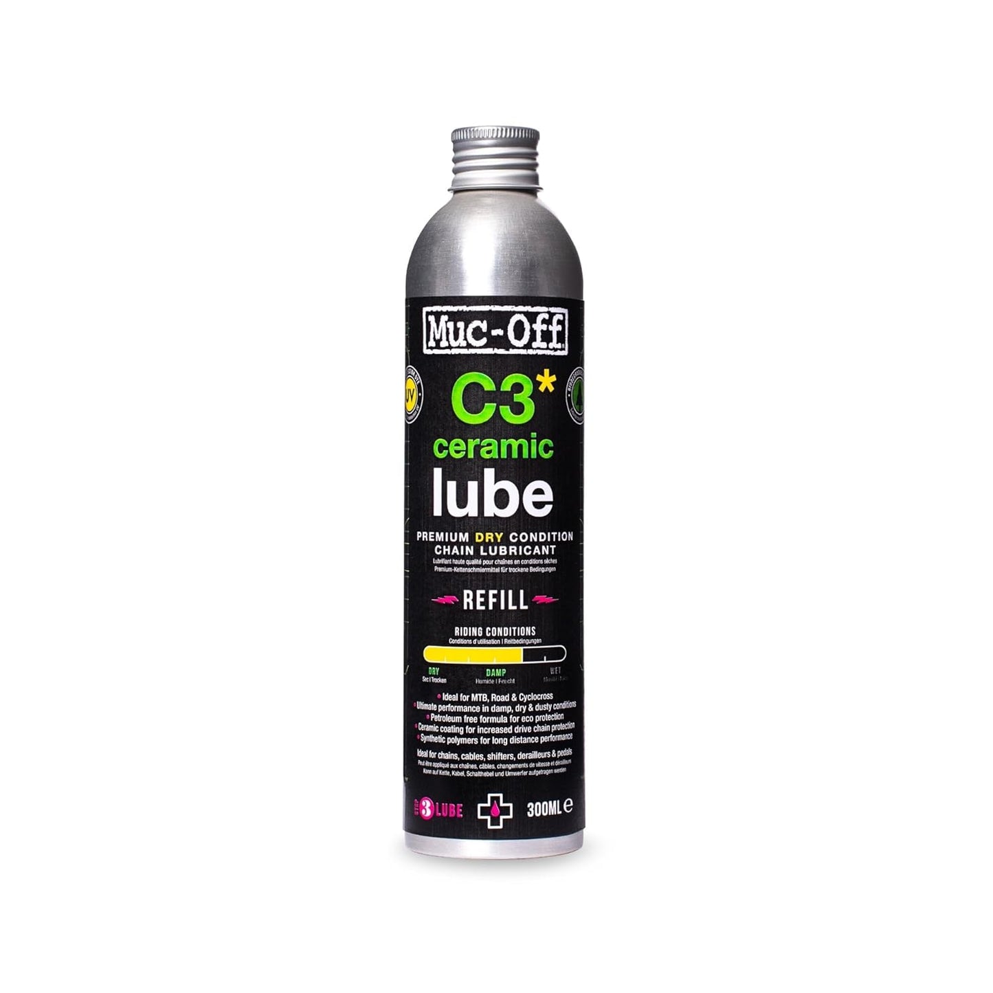 Muc-Off C3 Dry Chain Lube - 10.14 Fl Oz Ceramic Bike Lube for Wet Weather Conditions | Premium Chain Oil