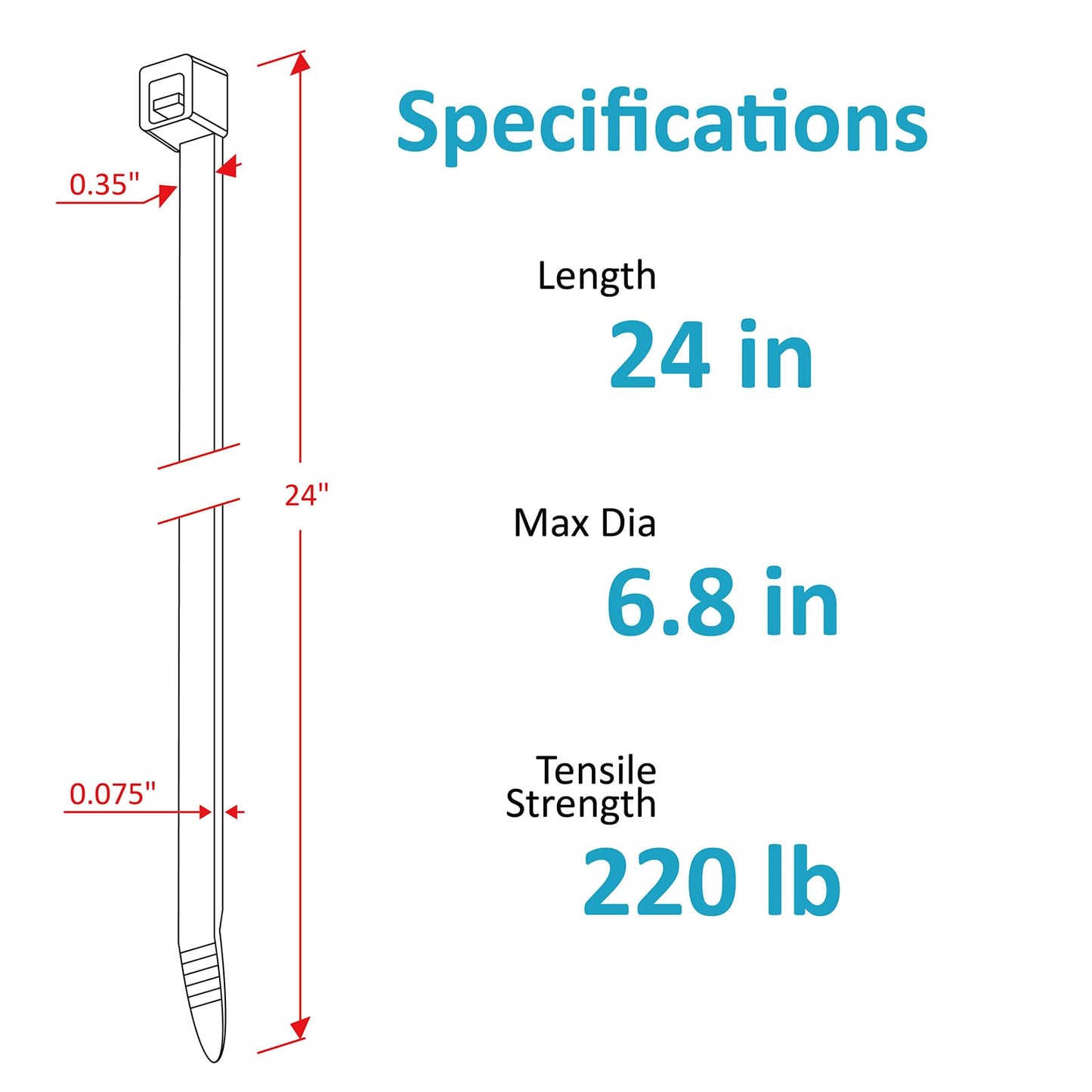 Large Zip Ties Heavy Duty 24 inch (500 Pack), 220 lb Tensile Strength for Outdoor Use, Black Cable Ties, Long Wire Ties by ANOSON