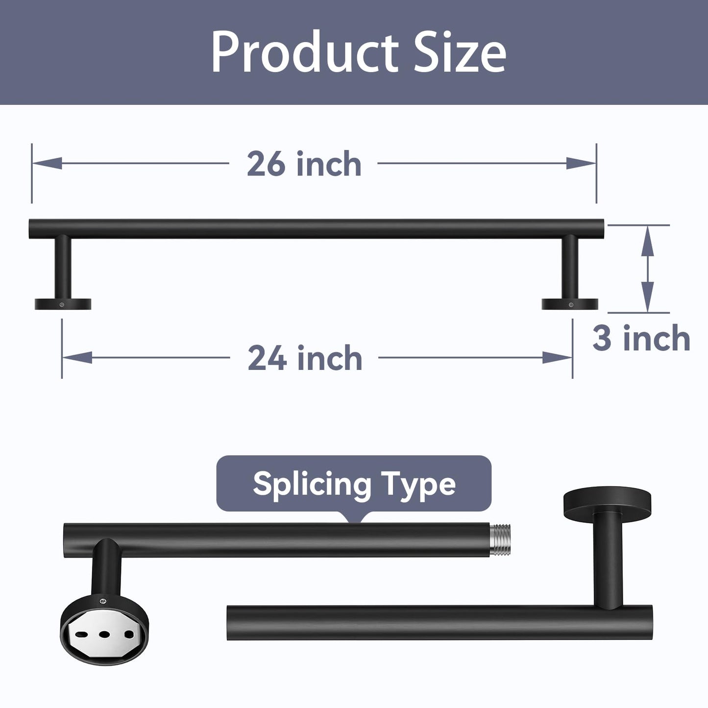 Bubxo Matte Black Towel Bar, 24 Inch Bathroom Towel Rack, Towel Holder Wall Mounted, Thicken SUS304 Stainless Steel Towel Rod Modern Home Decor (Total Length 26-Inch)