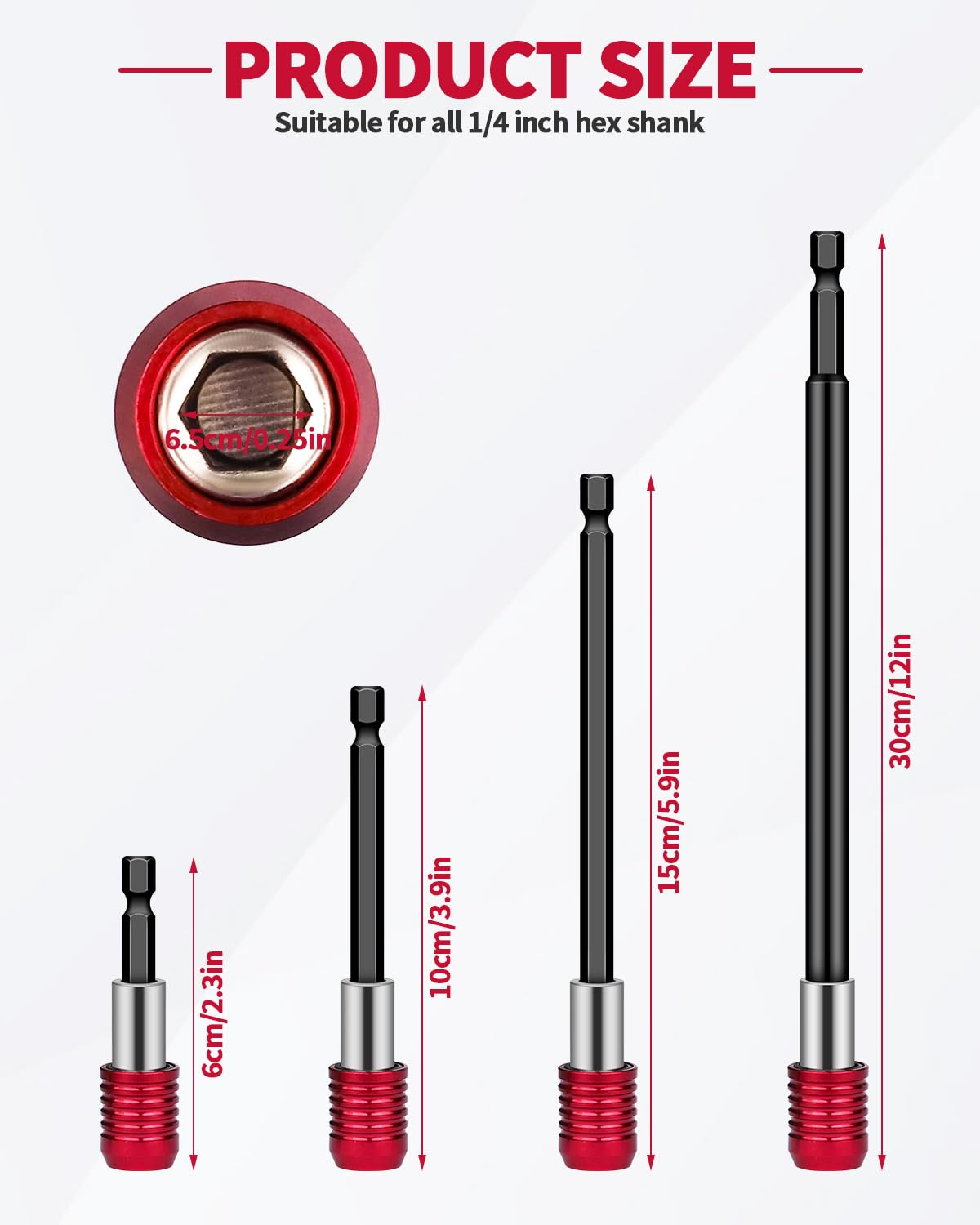 4 PCS Drill Bit Extension, 1/4" Hex Magnetic Drill Extension Bit Holder, Drill Extension for Impact Driver, 2", 4", 6", 12" Length, Durable Cr-V Steel, Perfect for Screws, Nuts and Drill Sockets