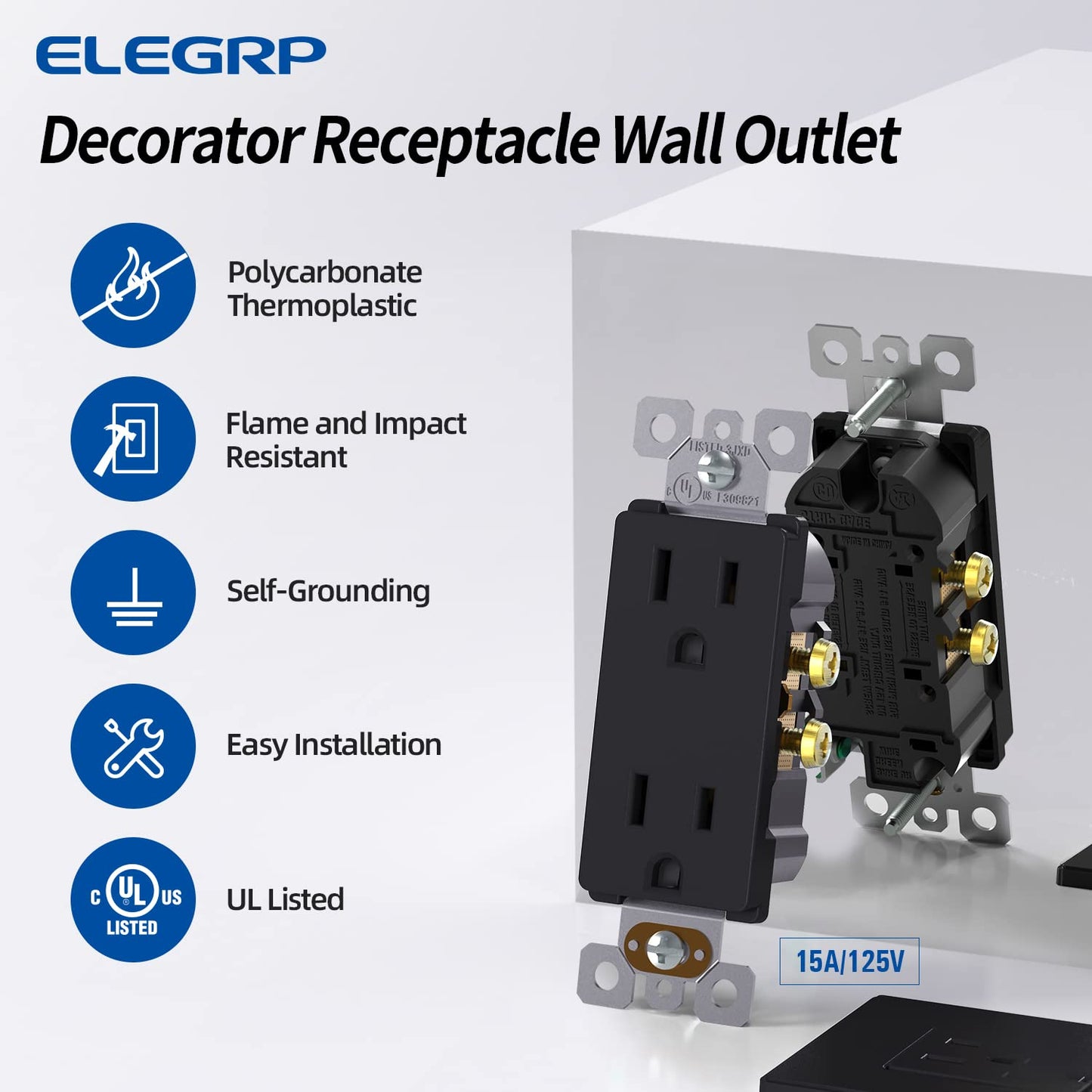 15A Matte Black Electrical Outlet Receptacle - 20 Pack, NEMA 5-15R, UL Listed