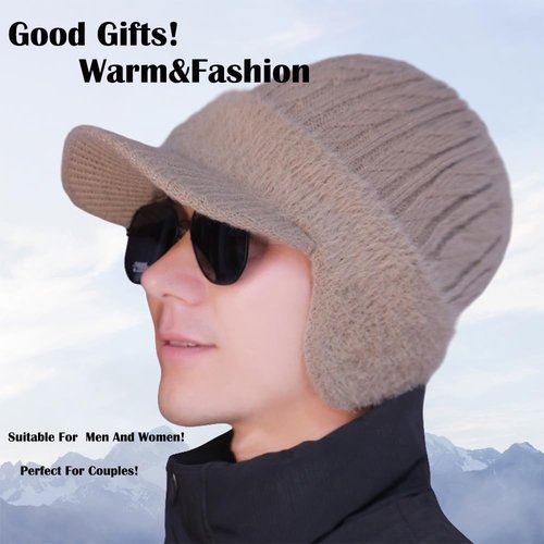 JHDESSLY Winter Beanie with Brim Ear Flaps for Men Women, Warm Fleece Lined Knit Hat Stocking Caps for for The Cold Weather Black