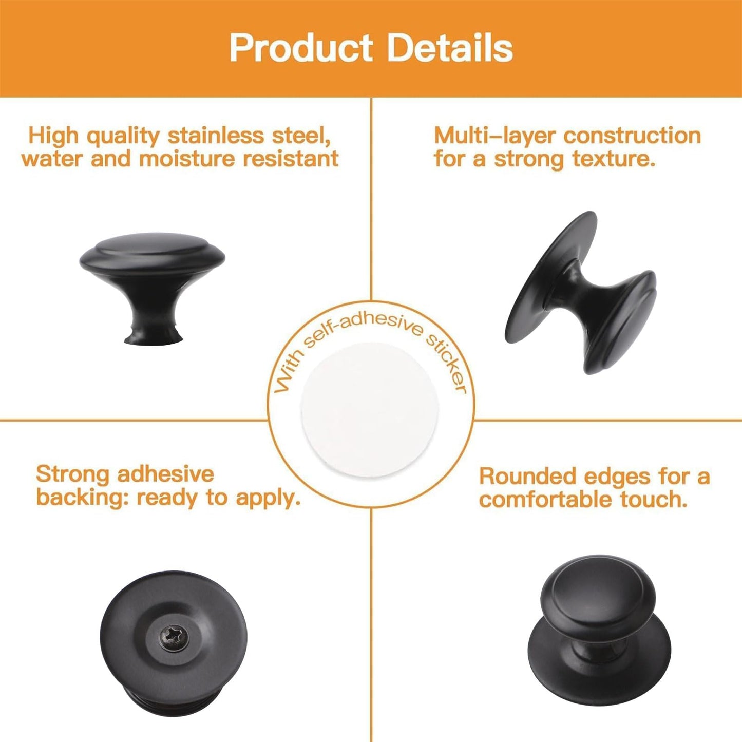 MOROBOR Stainless Steel Drawer Knobs, 8pcs Self-Stick Instant Cabinet Handle Pulls, 1.18Inch Adhesive Sliding Door Stick On Handle with Mounting Screws for Glass Cabinet Cupboard Drawer (Matte Black)