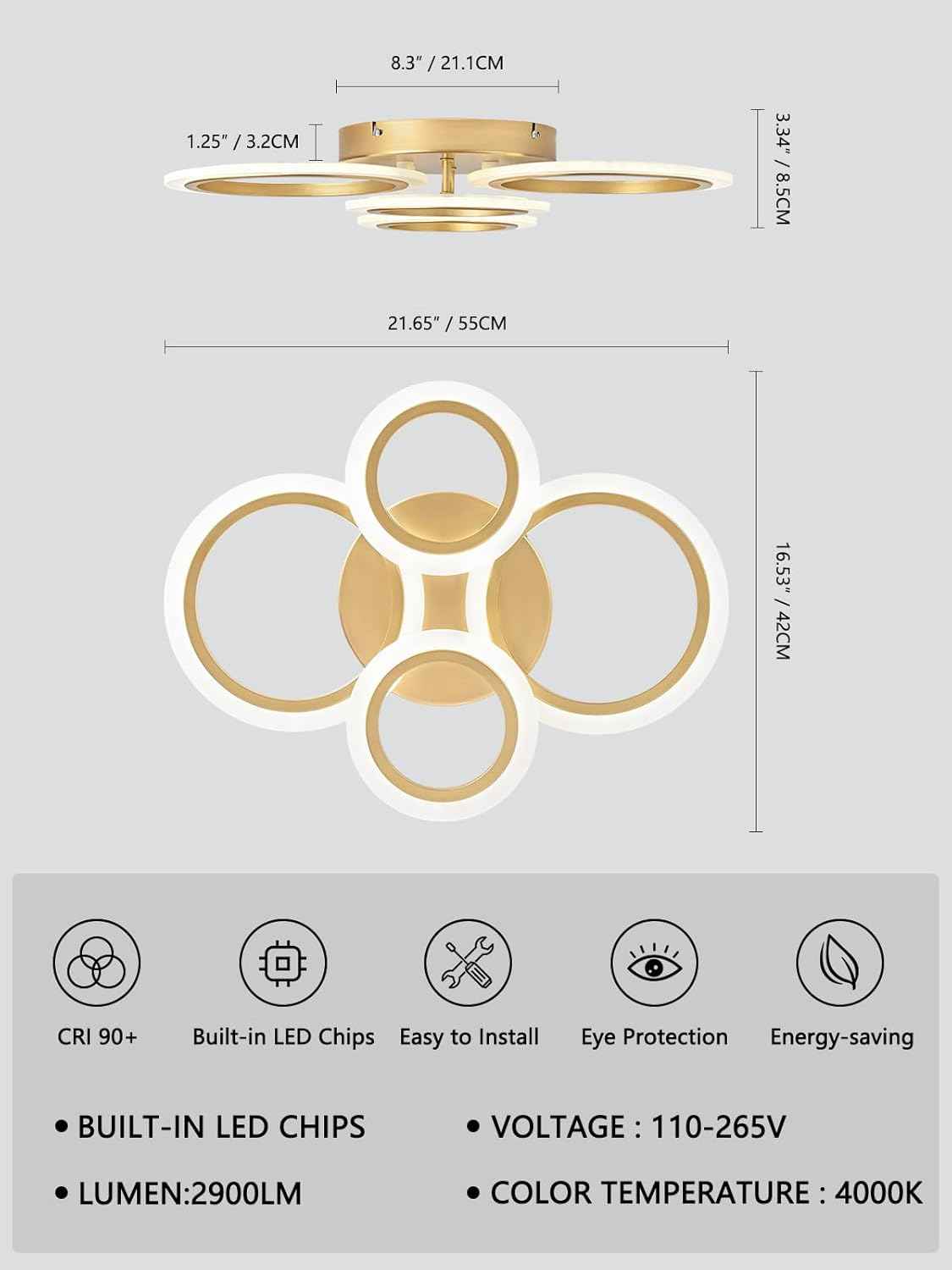 Modern LED Flush Mount Ceiling Light - 4 Rings 4000K Fixture for Kitchen & Living Room