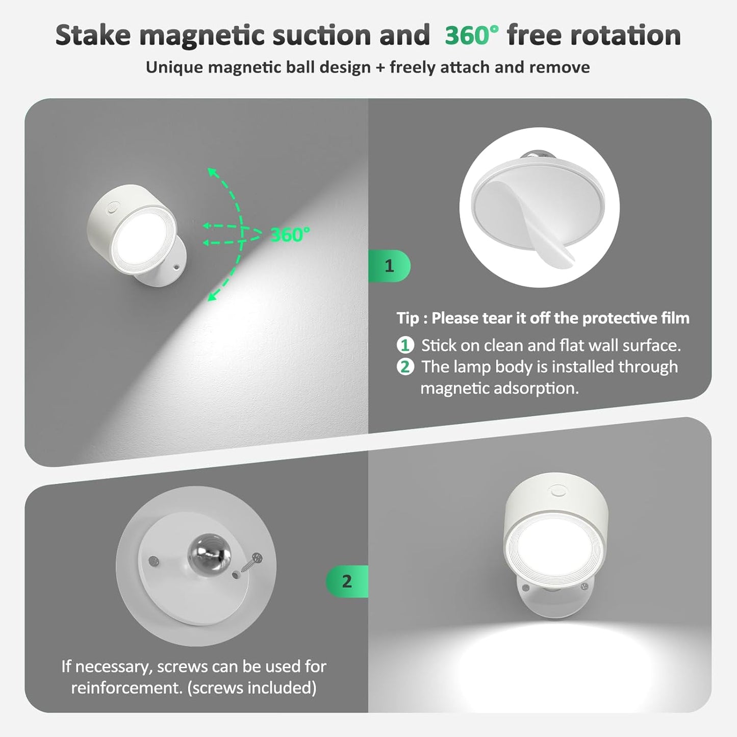 Rechargeable LED Wall Mounted Lights - 3 Pack with Remote, Dimmable & 360° Rotation for Bedroom