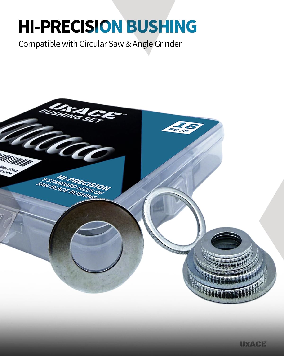 UXACE Saw Blade Bushing Set, Adapter Ring Kit, Arbor Spacer Combination, Reduction Ring Bundle, 9 General Sizes for Circular Saw Blade, Diamond Blade on Circular Saw, Angle Grinder, 18 Pack