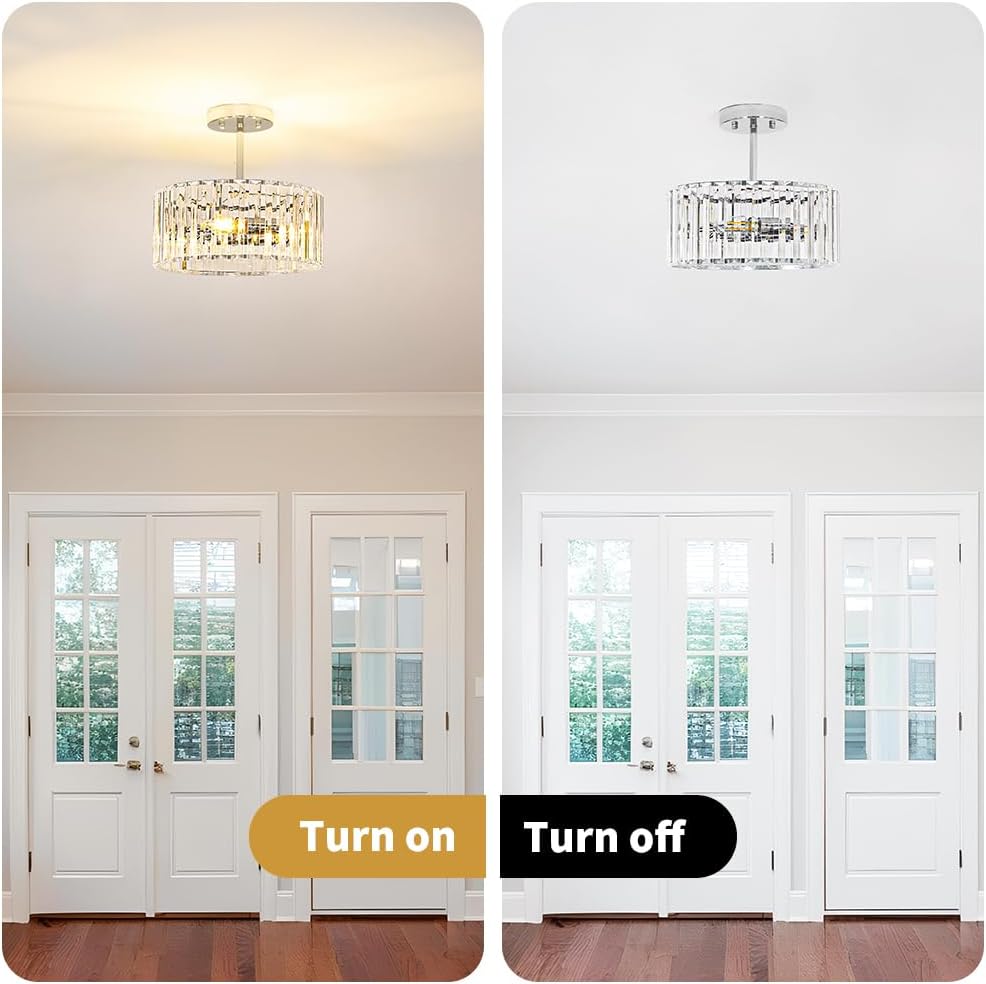 Modern Gold Crystal Ceiling Light Fixture - 11-Inch Semi Flush Mount Chandelier for Kitchen & Entryway