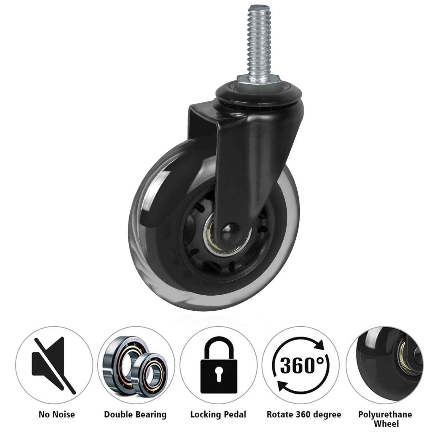 8T8 3" Rubber Caster Wheels Heavy Duty with 3/8"-16 x 1-1/2" Threaded Stem Casters Set of 4 (Screw Diameter 3/8", Length 1.5"), Quiet and Smooth Rolling Castors for Furniture Hardwood Floors